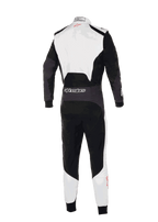 Tuta Alpinestars KMX-5 V3, vista posteriore della tuta professionale da kart, bianco, nero e rosso acceso, con parte superiore della schiena e parte inferiore delle gambe bianche e pannelli principali neri, logo Alpinestars sulla vita posteriore, design ergonomico per competizioni agonistiche.