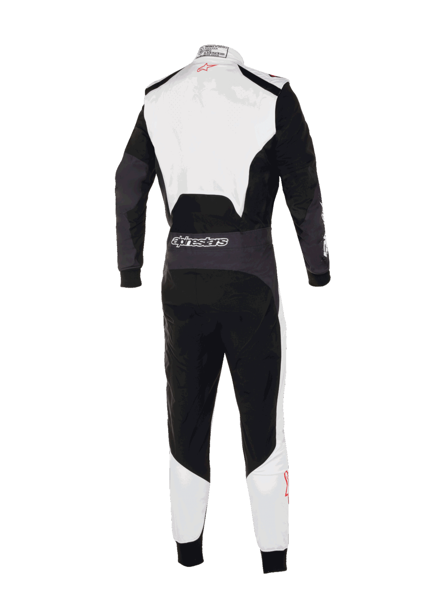 Tuta Alpinestars KMX-5 V3, vista posteriore della tuta professionale da kart, bianco, nero e rosso acceso, con parte superiore della schiena e parte inferiore delle gambe bianche e pannelli principali neri, logo Alpinestars sulla vita posteriore, design ergonomico per competizioni agonistiche.