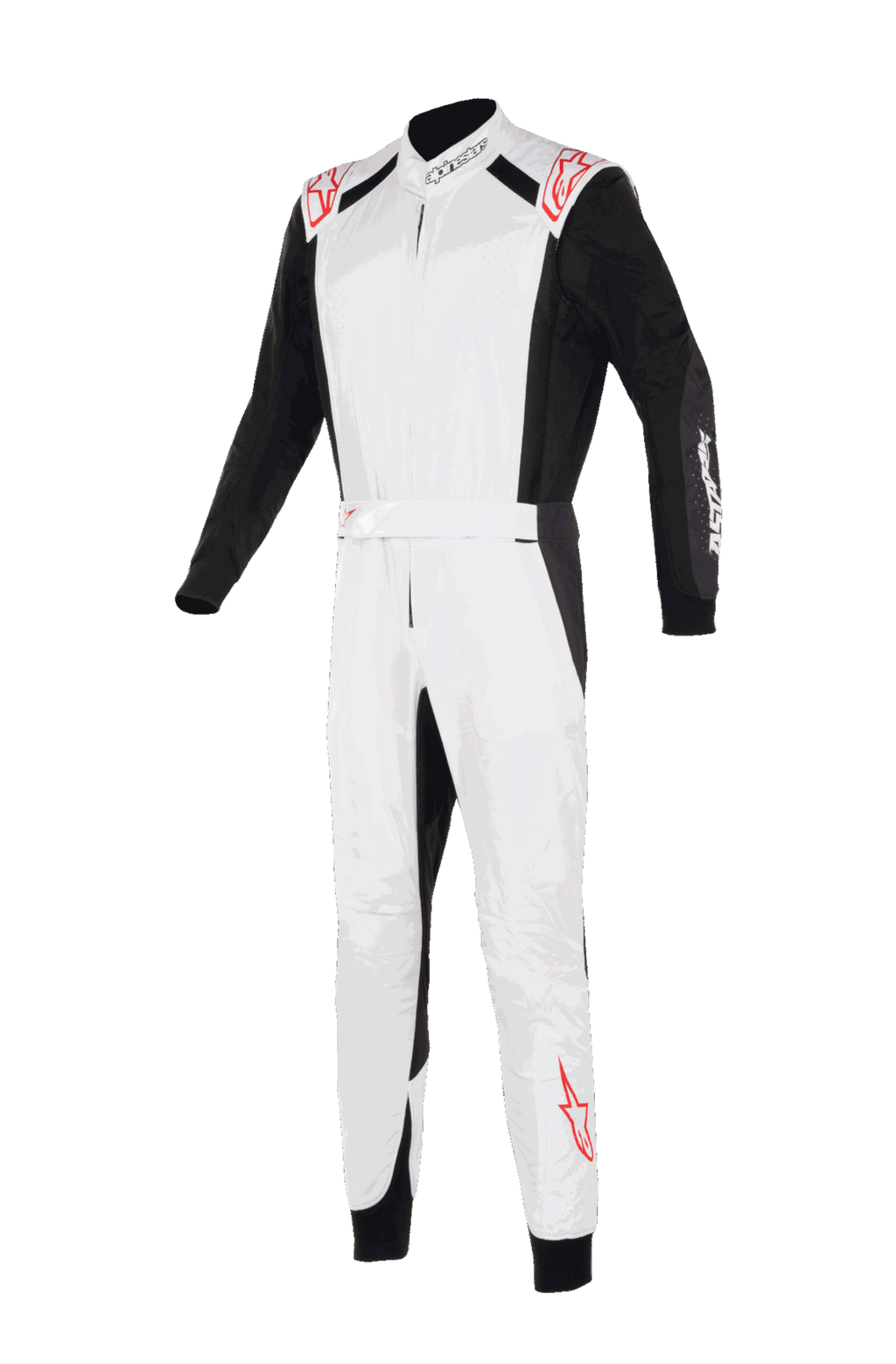 Tuta Alpinestars KMX-5 V3, tuta da kart, bianco, nero e rosso acceso, vista frontale, con petto e gambe bianchi, maniche e pannelli laterali neri, loghi a stella rossi sulle spalle e sulla parte inferiore della gamba, design racing professionale per il karting.
