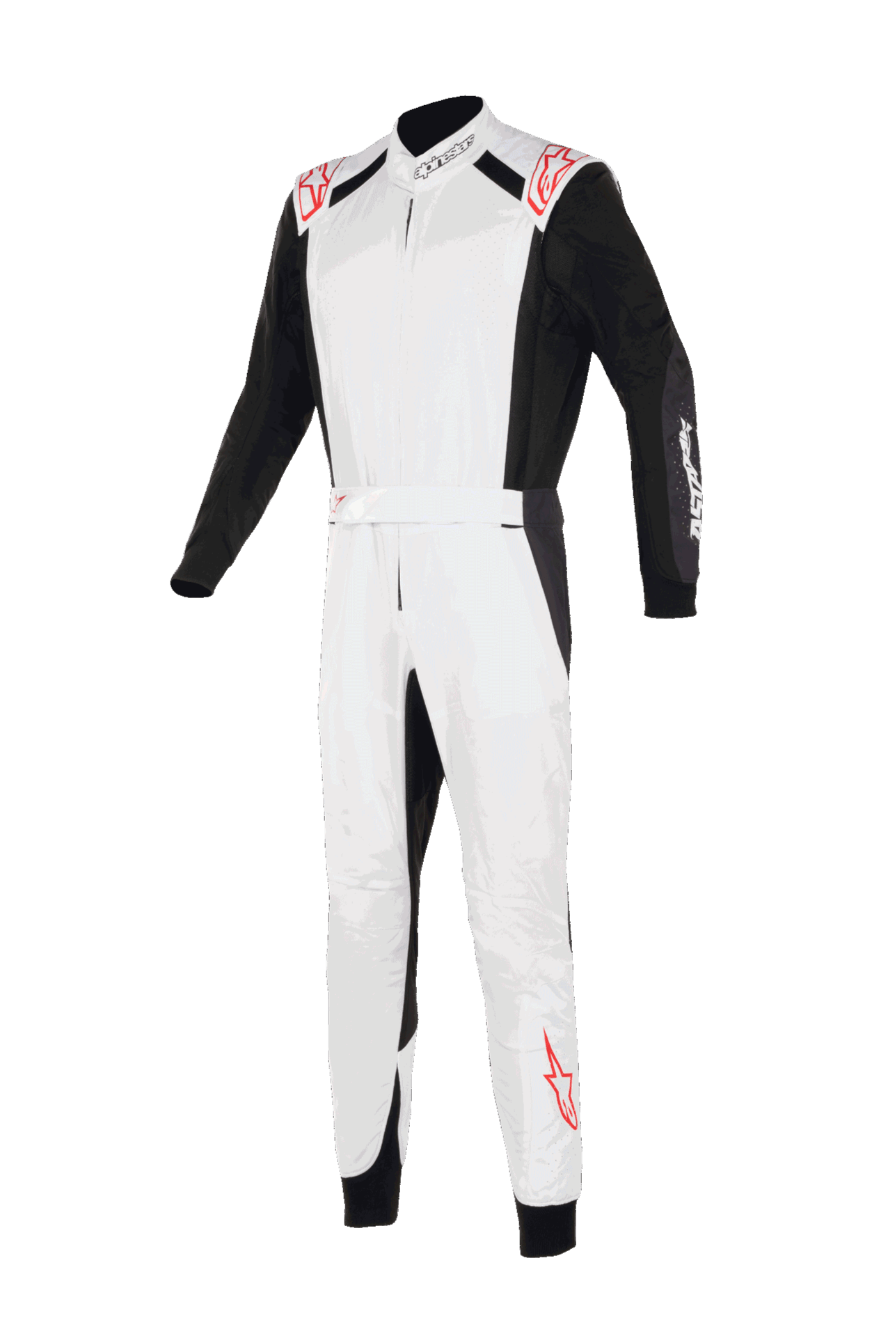 Tuta Alpinestars KMX-5 V3, tuta da kart, bianco, nero e rosso acceso, vista frontale, con petto e gambe bianchi, maniche e pannelli laterali neri, loghi a stella rossi sulle spalle e sulla parte inferiore della gamba, design racing professionale per il karting.