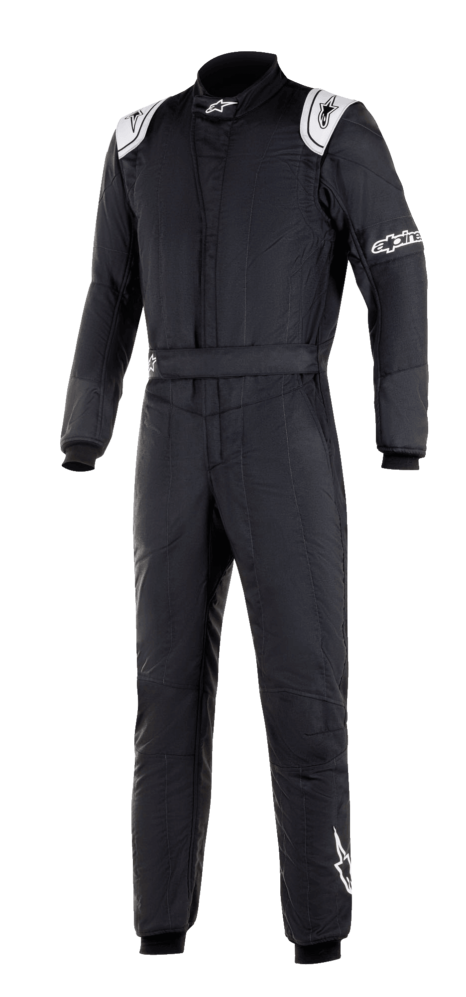 Alpinestars GP Tech V3 Suit FIA, tuta da corsa automobilistica nera, con pannelli bianchi sulle spalle e loghi, colletto alto e marchio Alpinestars sulla manica e sulla gamba, abbigliamento professionale da motorsport con design tecnico a pannelli
