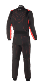 Tuta Alpinestars KMX-9 V3, tuta da kart, nero e rosso fluo, vista posteriore con cuciture rosse e logo Astars bianco sul colletto, abbigliamento professionale per corse motorsport