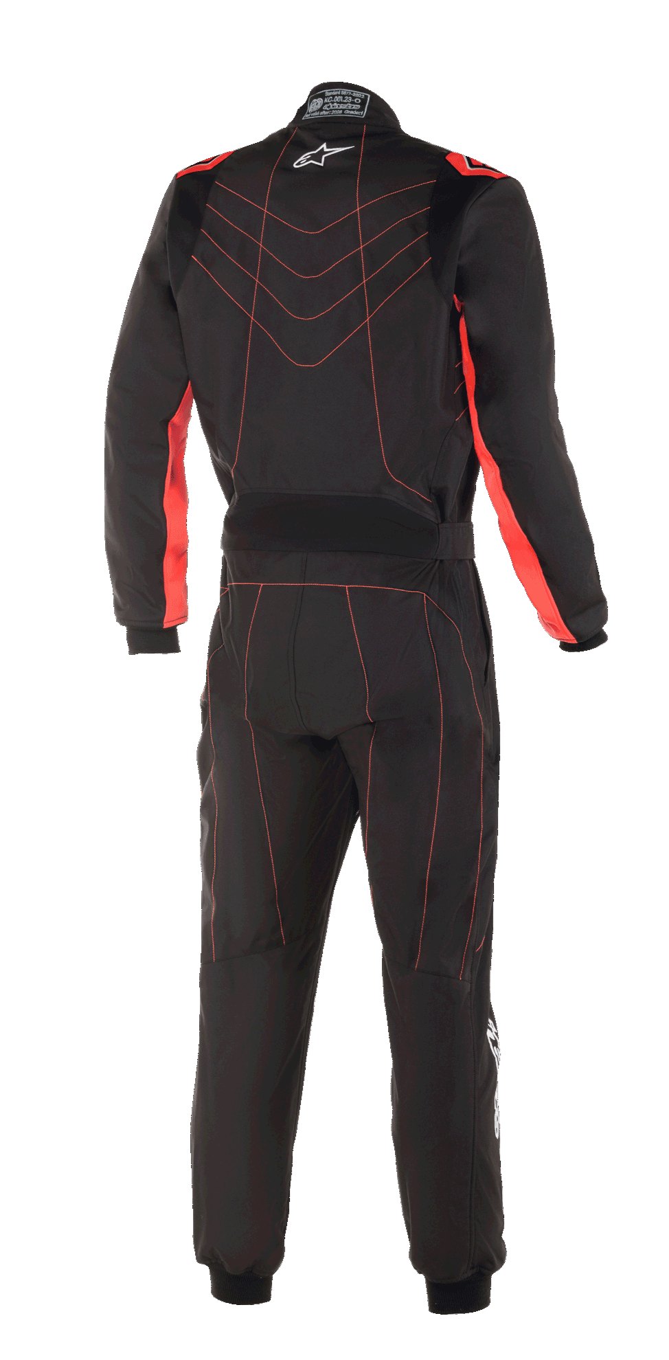 Tuta Alpinestars KMX-9 V3, tuta da kart, nero e rosso fluo, vista posteriore con cuciture rosse e logo Astars bianco sul colletto, abbigliamento professionale per corse motorsport