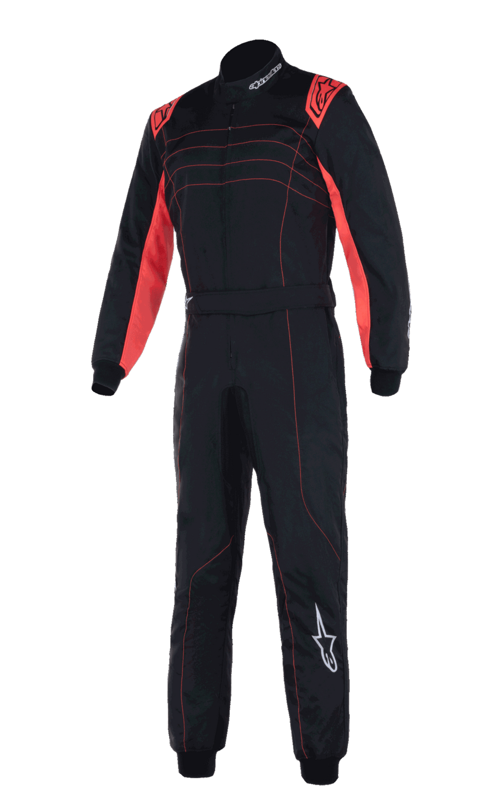 Tuta Alpinestars KMX-9 V3, tuta da kart professionale, nero e rosso fluo, con costruzione a doppio strato, pannelli rosso fluorescenti su spalle e interno braccia, cuciture rosse e logo Alpinestars bianco sulla gamba sinistra.