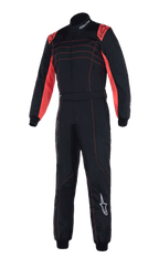 Tuta Alpinestars KMX-9 V3, tuta da kart professionale, nero e rosso fluo, con costruzione a doppio strato, pannelli rosso fluorescenti su spalle e interno braccia, cuciture rosse e logo Alpinestars bianco sulla gamba sinistra.