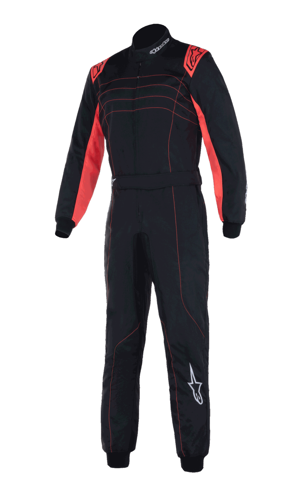 Tuta Alpinestars KMX-9 V3, tuta da kart professionale, nero e rosso fluo, con costruzione a doppio strato, pannelli rosso fluorescenti su spalle e interno braccia, cuciture rosse e logo Alpinestars bianco sulla gamba sinistra.