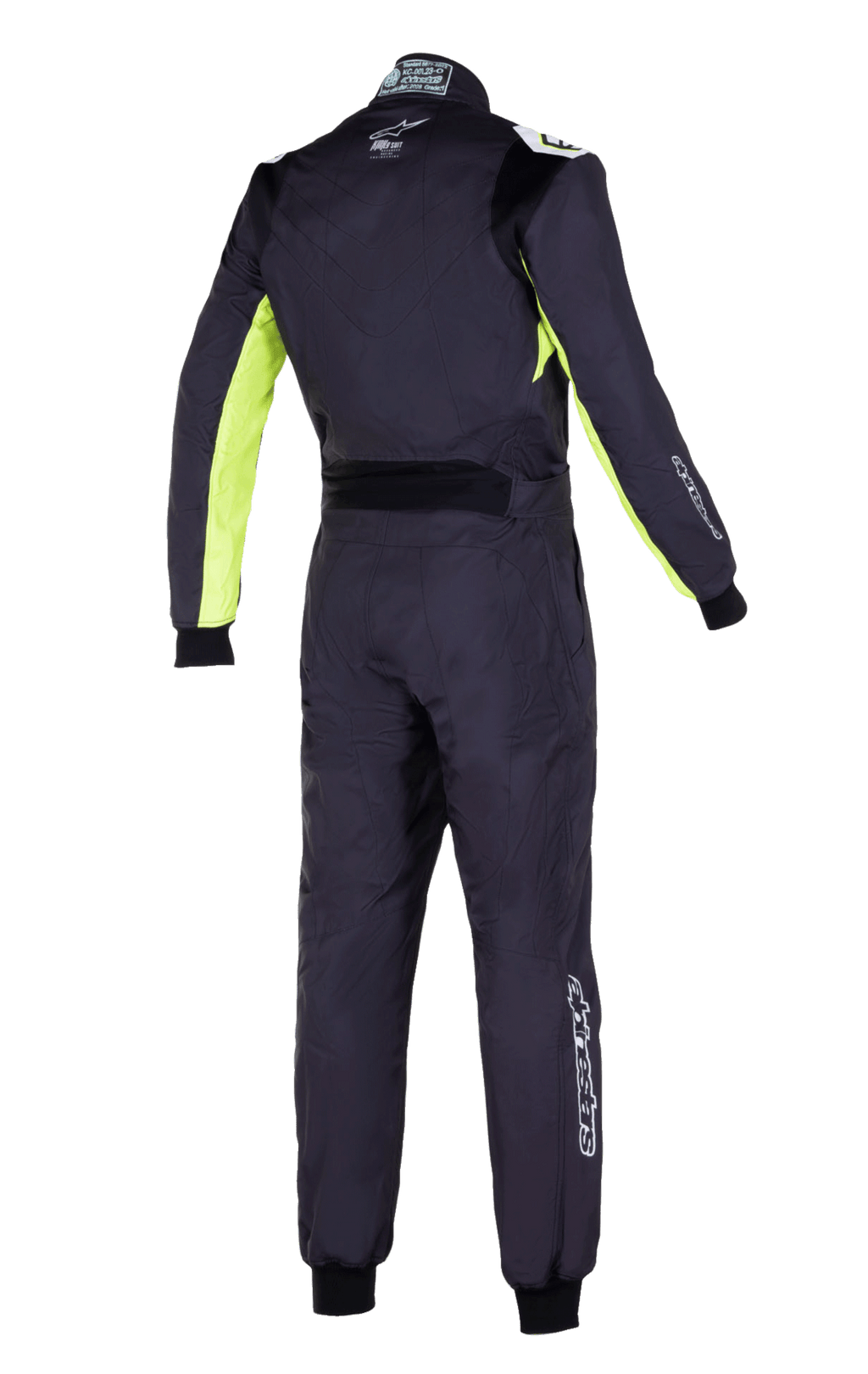Tuta Alpinestars KMX-9 V3 Graphic 3, tuta da kart, nero e giallo fluo, vista posteriore con pannelli giallo fluorescente su maniche e fianchi, pannello lombare elasticizzato nero e loghi Alpinestars bianchi su schiena e gambe
