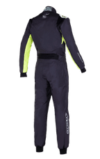 Tuta Alpinestars KMX-9 V3 Graphic 3, tuta da kart, nero e giallo fluo, vista posteriore con pannelli giallo fluorescente su maniche e fianchi, pannello lombare elasticizzato nero e loghi Alpinestars bianchi su schiena e gambe