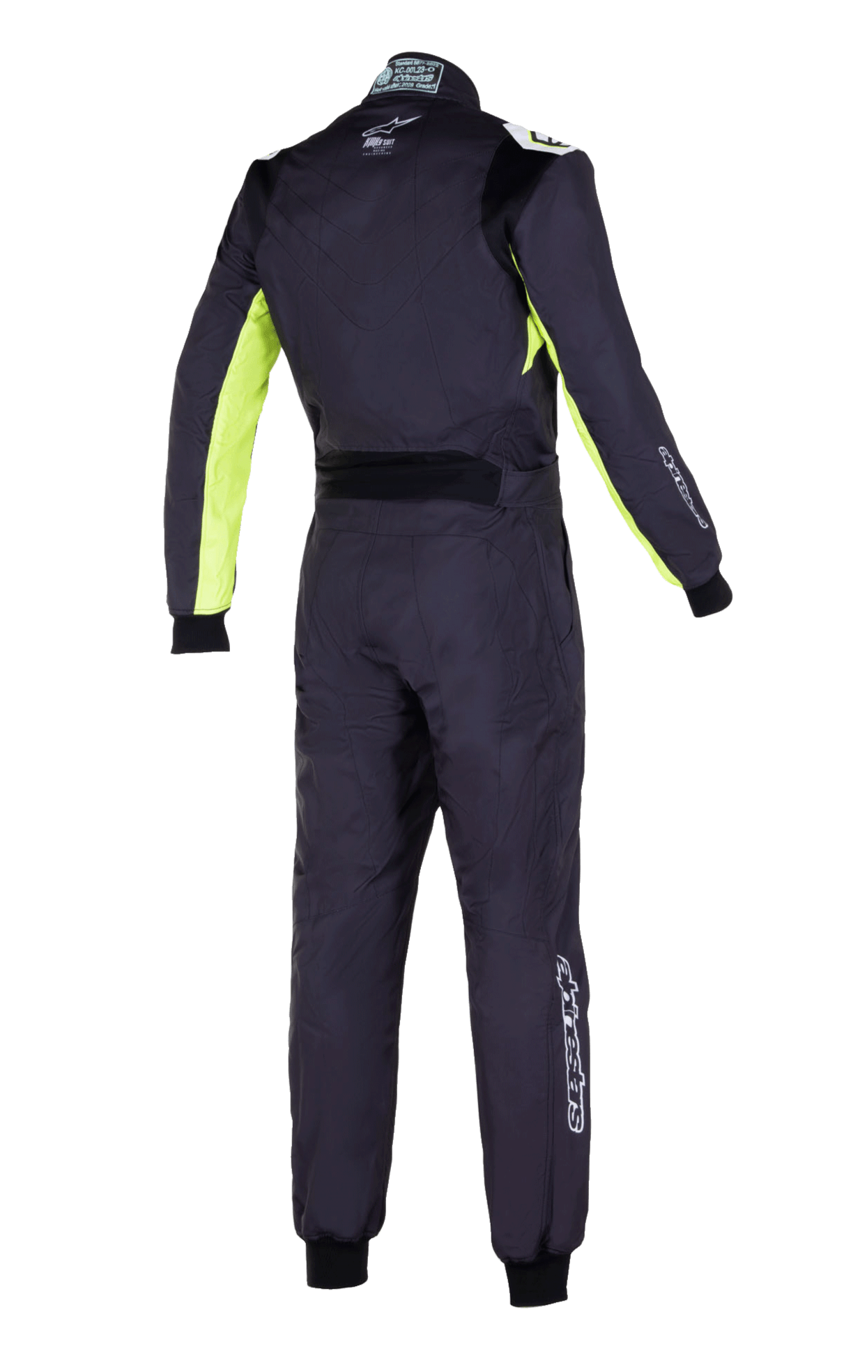 Tuta Alpinestars KMX-9 V3 Graphic 3, tuta da kart, nero e giallo fluo, vista posteriore con pannelli giallo fluorescente su maniche e fianchi, pannello lombare elasticizzato nero e loghi Alpinestars bianchi su schiena e gambe