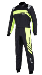 Tuta Alpinestars KMX-9 V3 Graphic 3, tuta da kart monopezzo in nero e giallo fluo, con audaci strisce grafiche giallo fluorescente sul petto e lungo la gamba, loghi Alpinestars bianchi sulle spalle e sulla parte inferiore della gamba, polsini e caviglie in maglia, abbigliamento tecnico da gara
