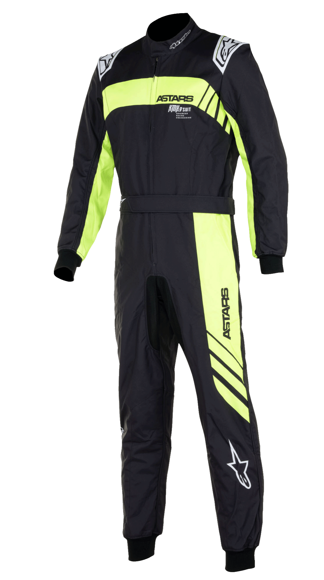 Tuta Alpinestars KMX-9 V3 Graphic 3, tuta da kart monopezzo in nero e giallo fluo, con audaci strisce grafiche giallo fluorescente sul petto e lungo la gamba, loghi Alpinestars bianchi sulle spalle e sulla parte inferiore della gamba, polsini e caviglie in maglia, abbigliamento tecnico da gara