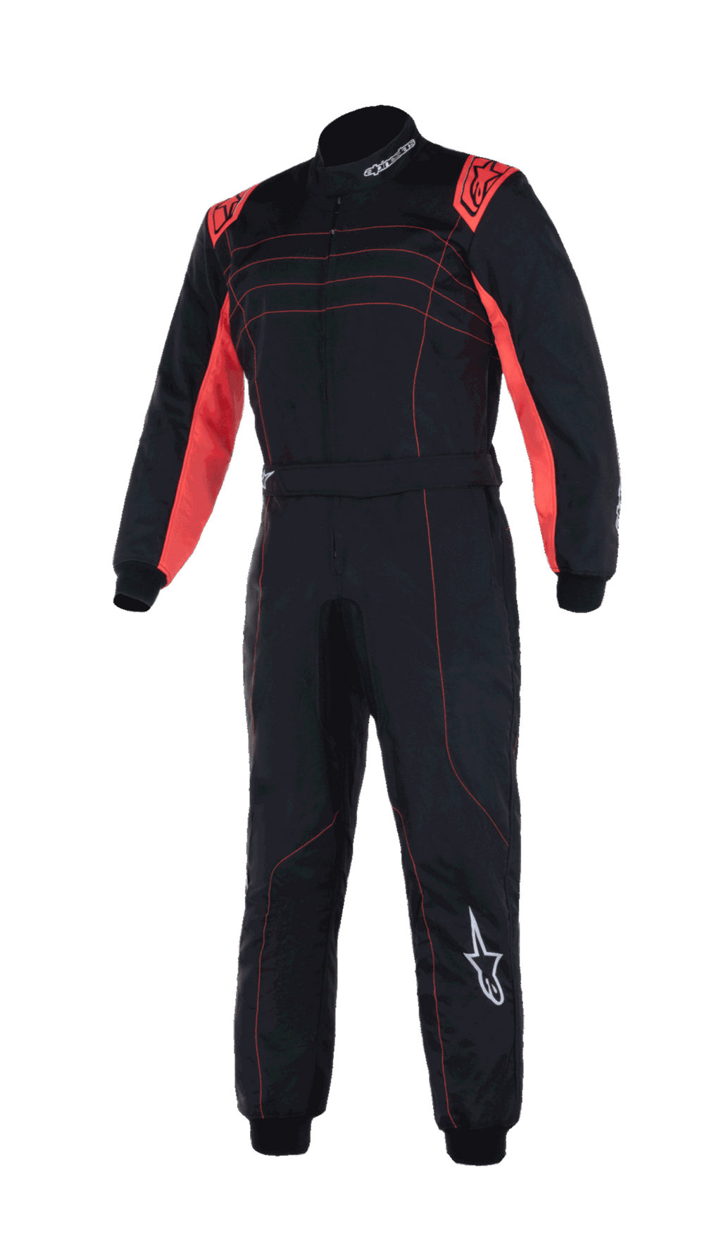 Tuta Alpinestars Youth KMX-9 V3, tuta da karting, nero e rosso fluo, design a pezzo unico con accenti rossi sulle spalle e cuciture, loghi Alpinestars bianchi, costruzione con colletto alto per competizioni giovanili