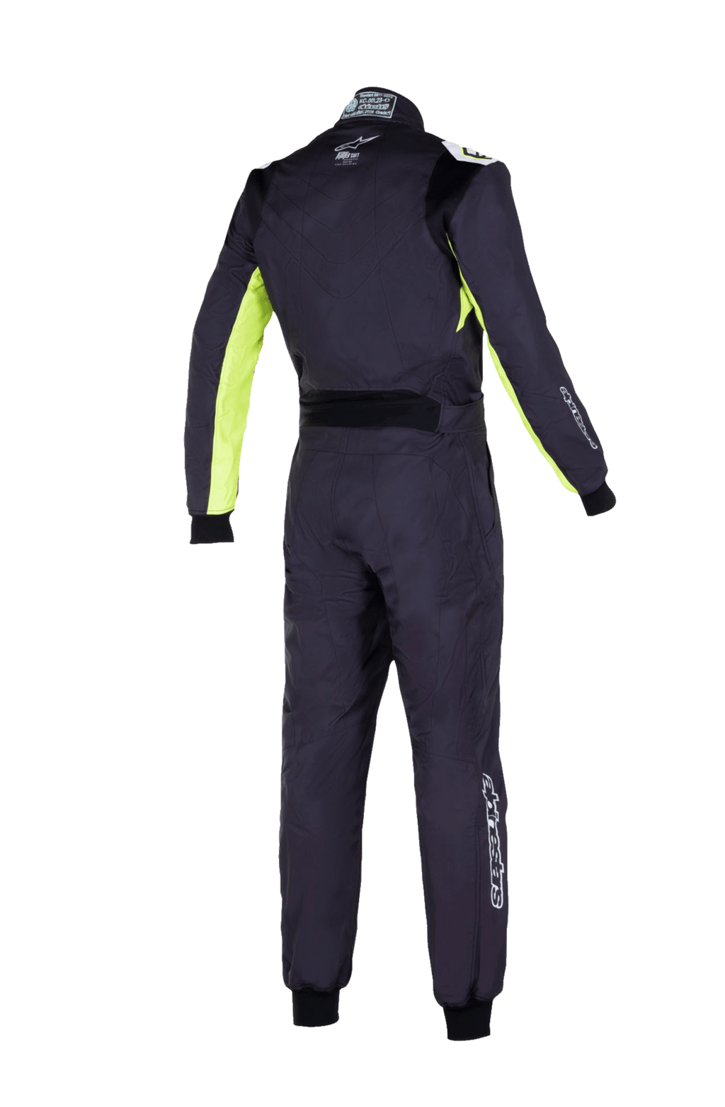 Tuta Alpinestars KMX-9 V3 S Youth Graphic 3, tuta da karting per ragazzi, nero e giallo fluo, vista posteriore della tuta da gara intera con pannelli elasticizzati su schiena e spalle, dettagli giallo fluorescente sull'interno delle braccia e loghi Alpinestars sul colletto e sulla parte inferiore della gamba.