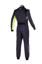 Tuta Alpinestars KMX-9 V3 S Youth Graphic 3, tuta da karting per ragazzi, nero e giallo fluo, vista posteriore della tuta da gara intera con pannelli elasticizzati su schiena e spalle, dettagli giallo fluorescente sull'interno delle braccia e loghi Alpinestars sul colletto e sulla parte inferiore della gamba.