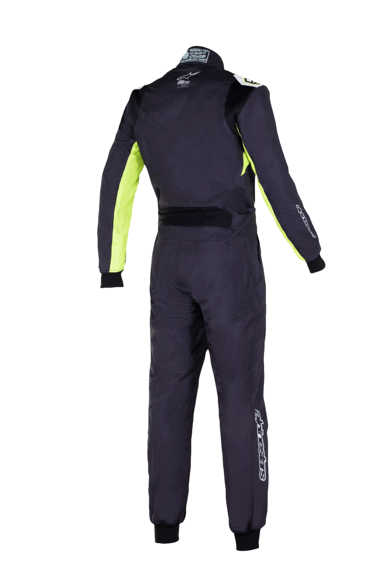 Tuta Alpinestars KMX-9 V3 S Youth Graphic 3, tuta da karting per ragazzi, nero e giallo fluo, vista posteriore della tuta da gara intera con pannelli elasticizzati su schiena e spalle, dettagli giallo fluorescente sull'interno delle braccia e loghi Alpinestars sul colletto e sulla parte inferiore della gamba.