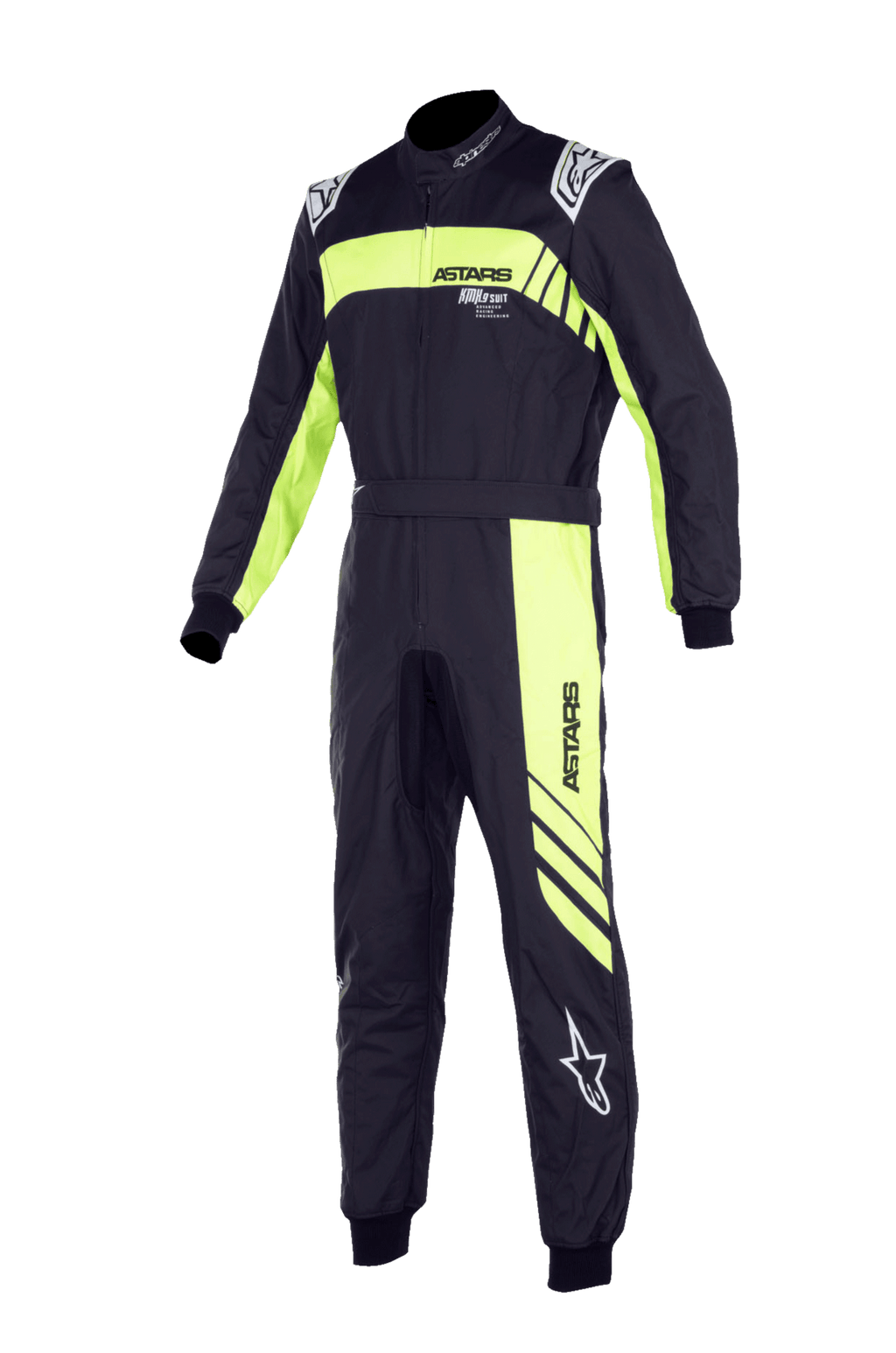 Alpinestars Youth KMX-9 V3 Suit Graphic 3, tuta da karting, nero e giallo fluo, design a pezzo unico con colletto alto, cintura in vita e polsini a costine, con logo "ASTARS" in evidenza e grafiche a strisce diagonali