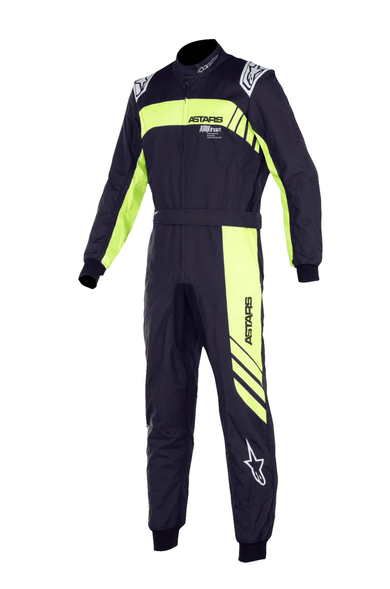 Alpinestars Youth KMX-9 V3 Suit Graphic 3, tuta da karting, nero e giallo fluo, design a pezzo unico con colletto alto, cintura in vita e polsini a costine, con logo "ASTARS" in evidenza e grafiche a strisce diagonali