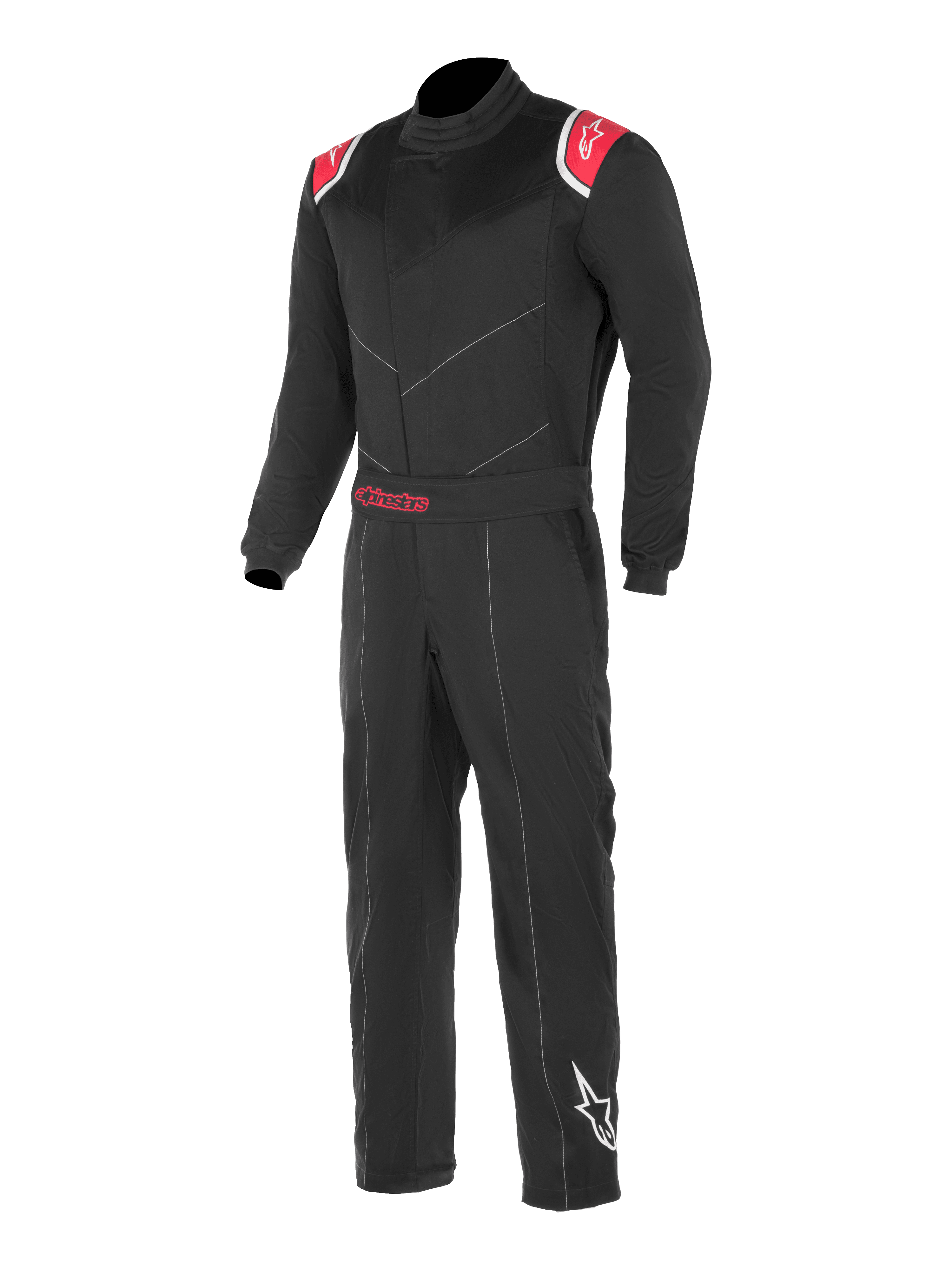 Alpinestars Kart Indoor Suit, tuta da corsa per karting nera e rossa, inserti rossi sulle spalle con loghi a stella bianchi, cintura regolabile con marchio Alpinestars rosso, logo a stella bianco sulla gamba sinistra