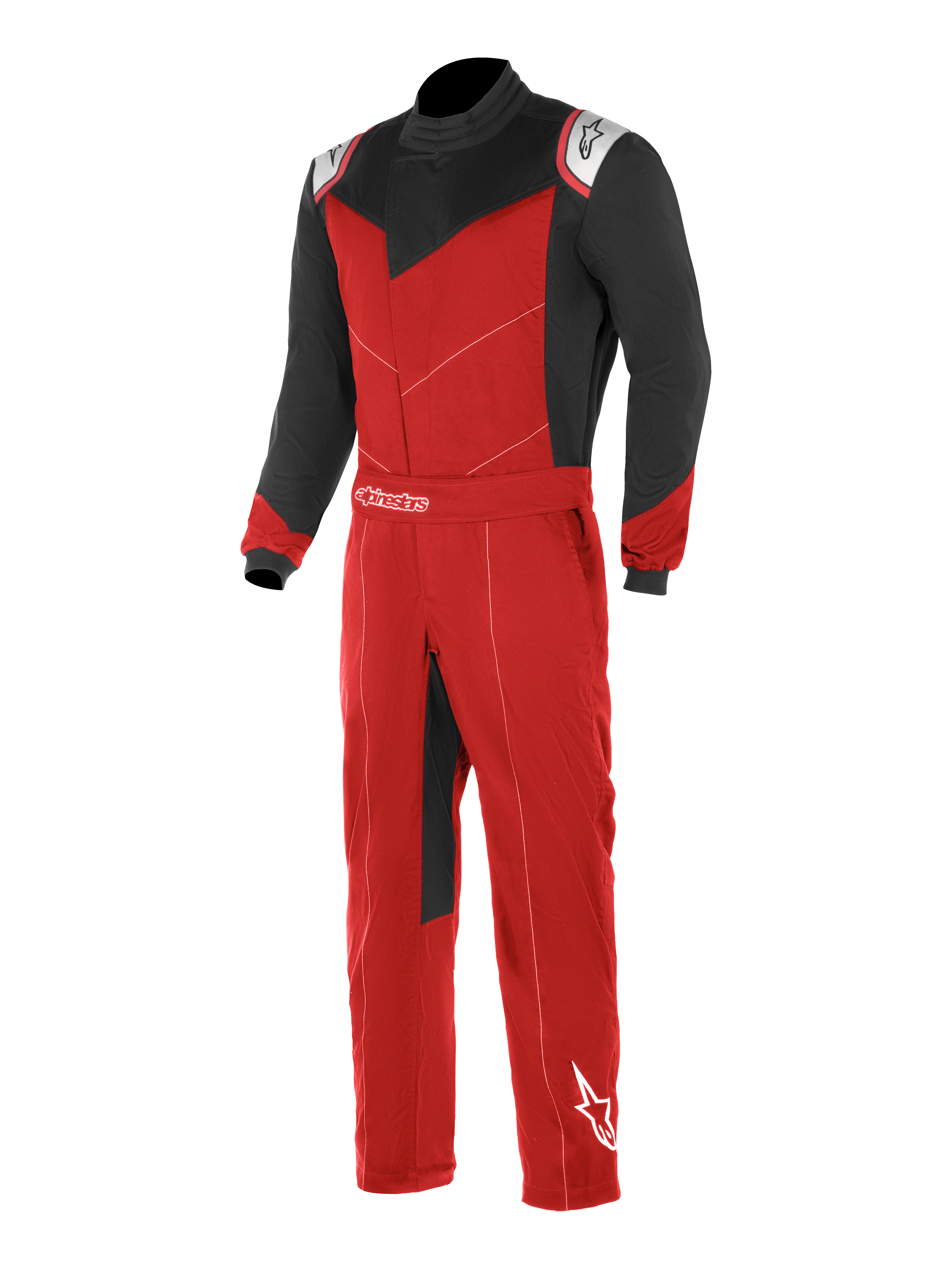 Alpinestars Kart Indoor Suit, tuta da karting, rosso e nero con dettagli bianchi, maniche e pannelli superiori del petto neri, busto e gambe rossi, con apertura frontale asimmetrica e cintura regolabile in vita