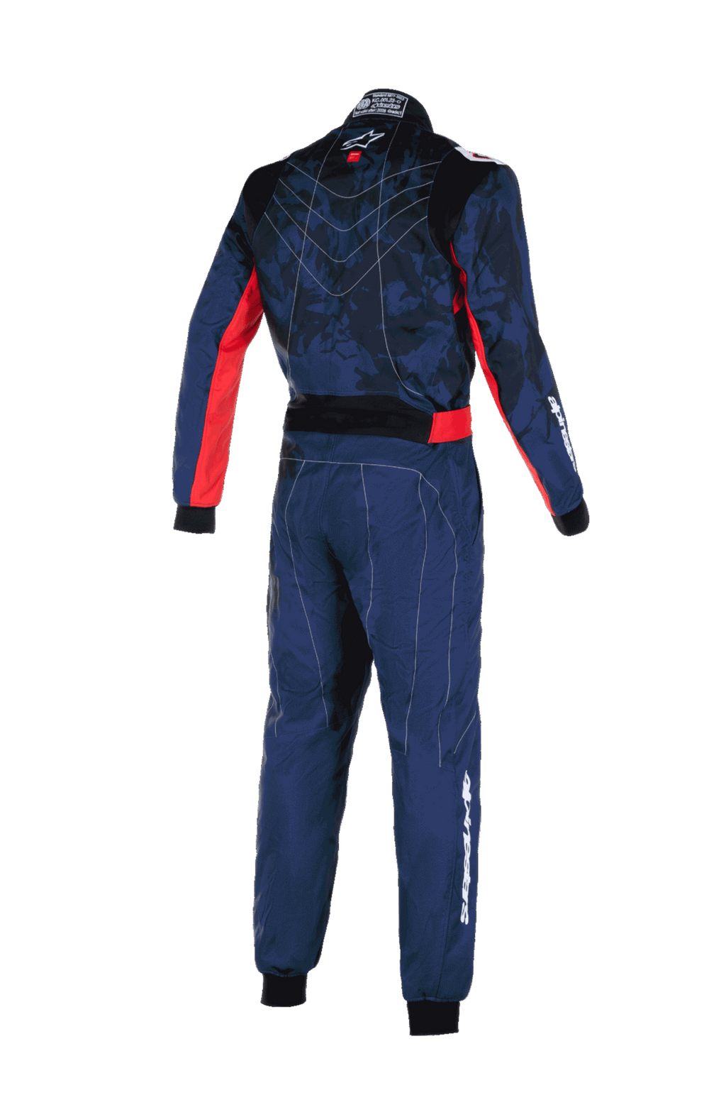 Tuta Alpinestars KMX-9 V3 Graphic 5, tuta da karting, blu navy e rosso, vista posteriore che mostra la parte superiore del busto con motivo mimetico e accenti laterali rossi, branding Alpinestars bianco sulla manica e sulla gamba, e costruzione tecnica per prestazioni da gara.