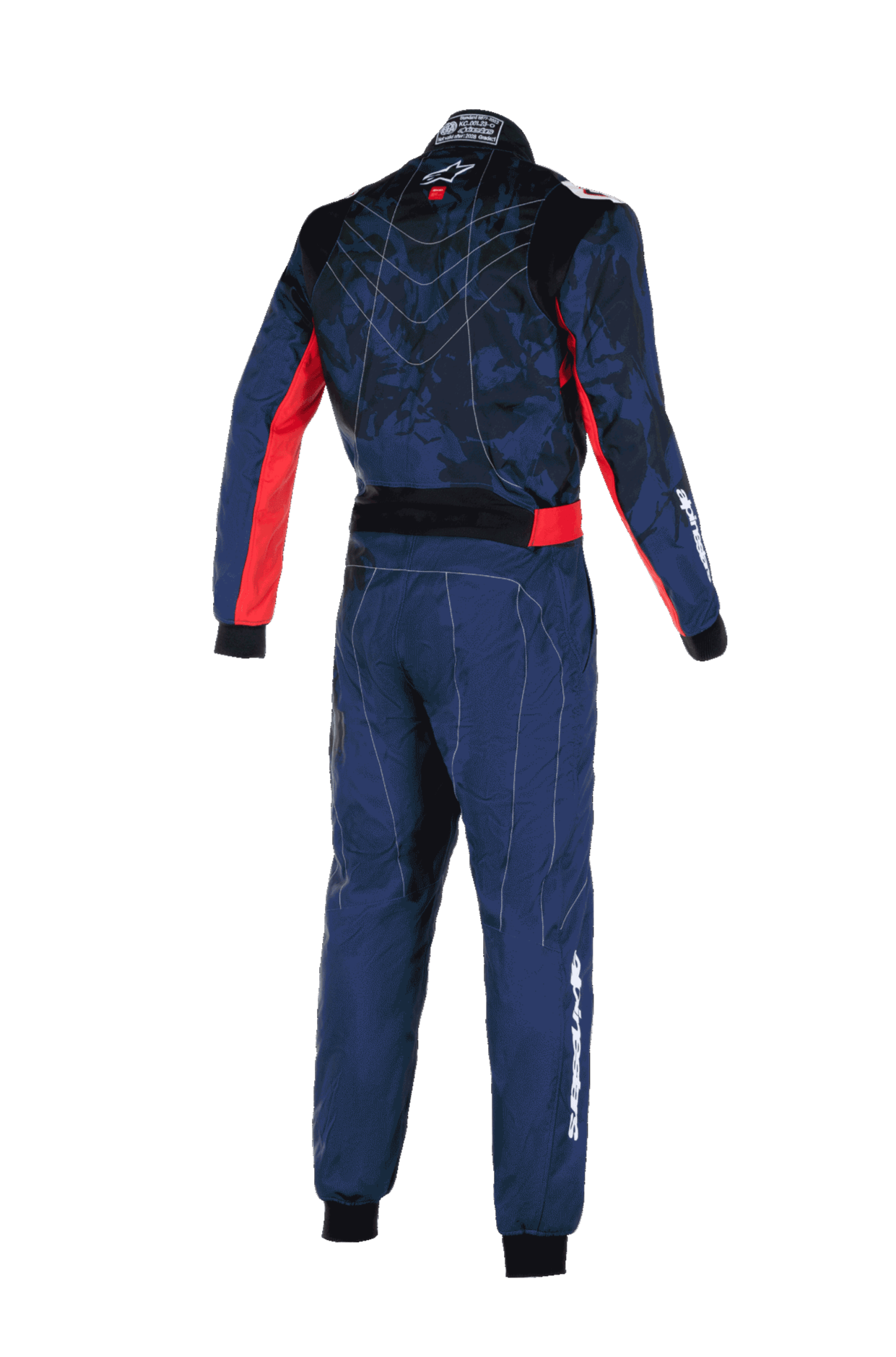 Tuta Alpinestars KMX-9 V3 Graphic 5, tuta da karting, blu navy e rosso, vista posteriore che mostra la parte superiore del busto con motivo mimetico e accenti laterali rossi, branding Alpinestars bianco sulla manica e sulla gamba, e costruzione tecnica per prestazioni da gara.