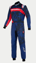 Tuta Alpinestars Youth KMX-9 V3 Graphic 5, tuta da karting, blu navy e rosso, con motivo grafico astratto blu scuro, pannello rosso sul petto con logo bianco, polsini e colletto a costine neri, design da gara intero professionale