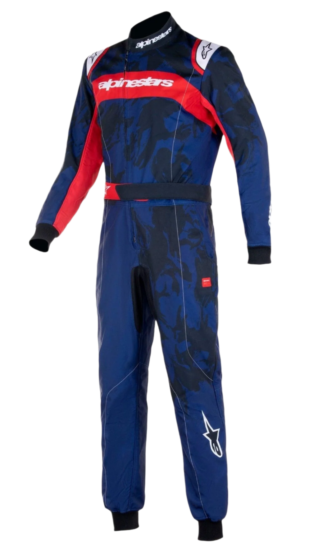 Tuta Alpinestars Youth KMX-9 V3 Graphic 5, tuta da kart, blu navy e rosso, con motivo grafico ispirato al camouflage, fascia rossa sul petto con marchio Alpinestars bianco e polsini in maglia neri