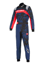 Tuta Alpinestars KMX-9 V3 Graphic 5, tuta da karting Navy Red, blu navy con grafiche mimetiche nere e vivaci accenti rossi, presenta loghi Alpinestars su petto, spalle e gamba, design professionale per attrezzatura da corsa