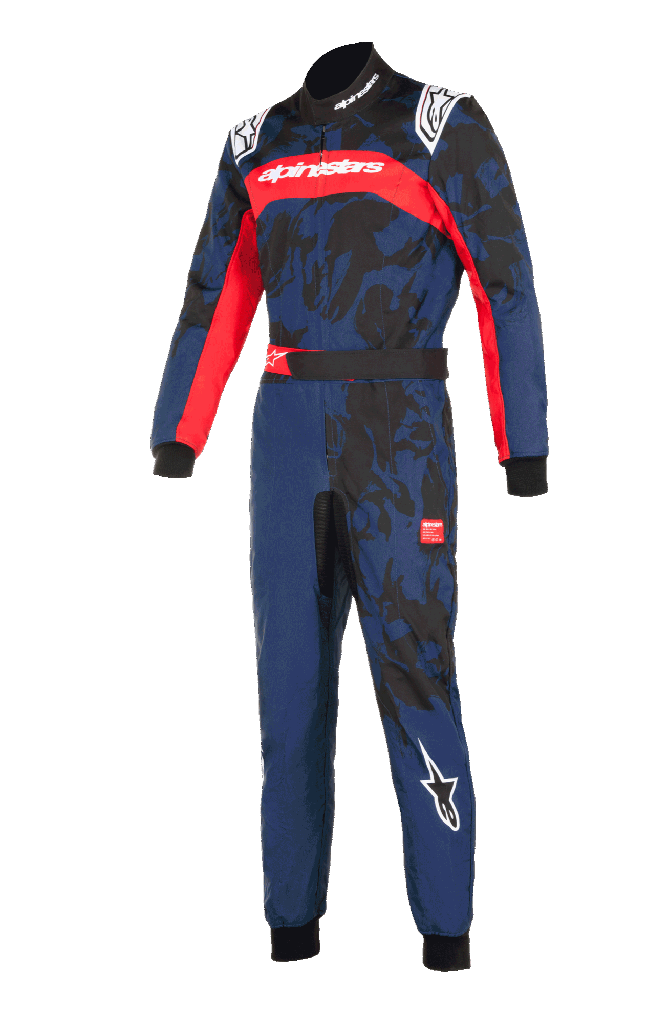 Tuta Alpinestars KMX-9 V3 Graphic 5, tuta da karting Navy Red, blu navy con grafiche mimetiche nere e vivaci accenti rossi, presenta loghi Alpinestars su petto, spalle e gamba, design professionale per attrezzatura da corsa