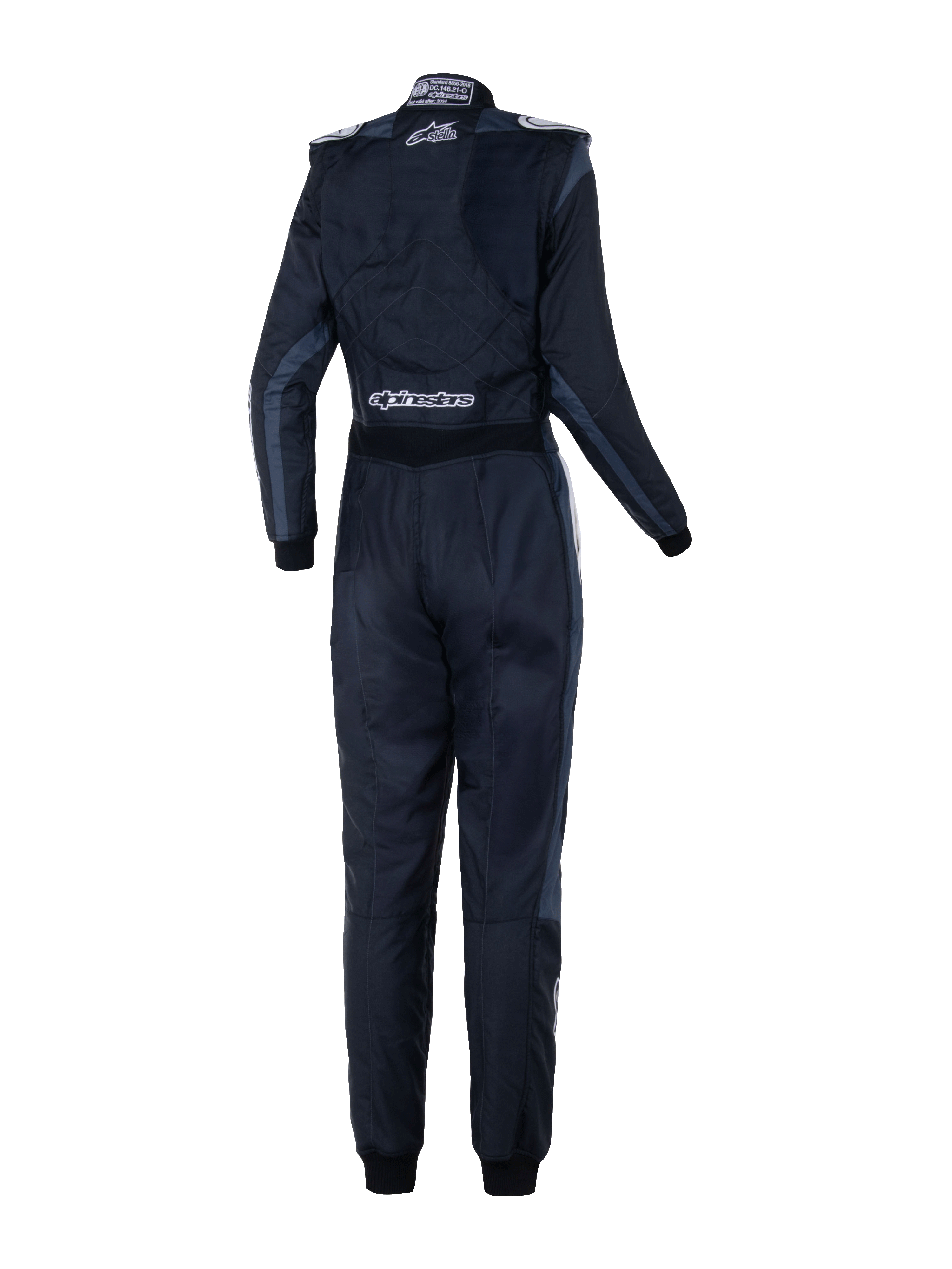 Alpinestars Tuta Stella GP Pro Comp V2 Donna - FIA, vista posteriore, nero asfalto e bianco, con loghi bianchi Stella e Alpinestars, tuta professionale da automobilismo con spalline e pannellatura anatomica per donna.