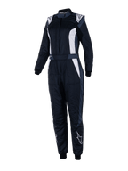 Tuta Alpinestars Stella GP Pro Comp V2, tuta da corsa FIA da donna, nero asfalto e bianco, maniche lunghe con colletto alto, loghi bianchi su spalle e stinchi, cintura regolabile in vita, polsini elastici, design aerodinamico per gare di motorsport professionali