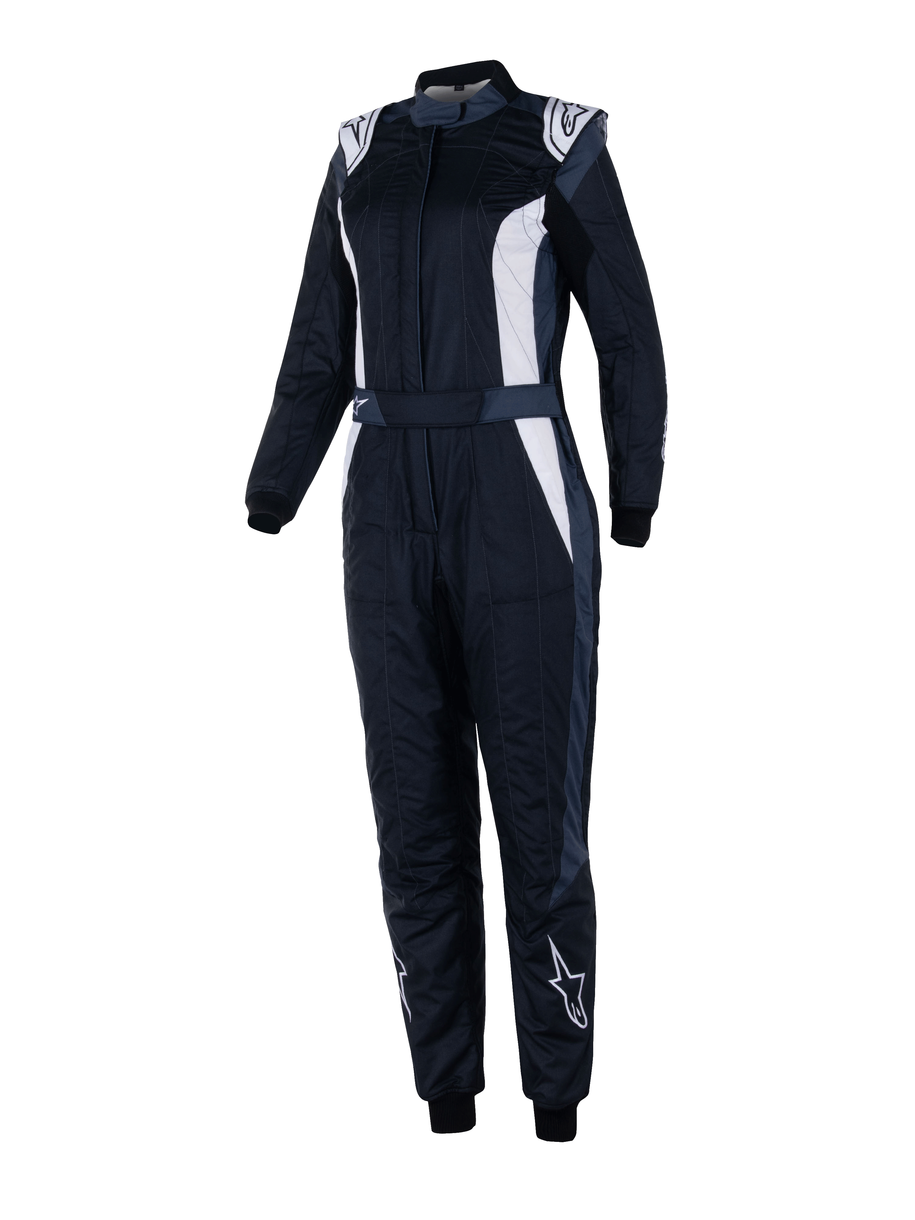Tuta Alpinestars Stella GP Pro Comp V2, tuta da corsa FIA da donna, nero asfalto e bianco, maniche lunghe con colletto alto, loghi bianchi su spalle e stinchi, cintura regolabile in vita, polsini elastici, design aerodinamico per gare di motorsport professionali
