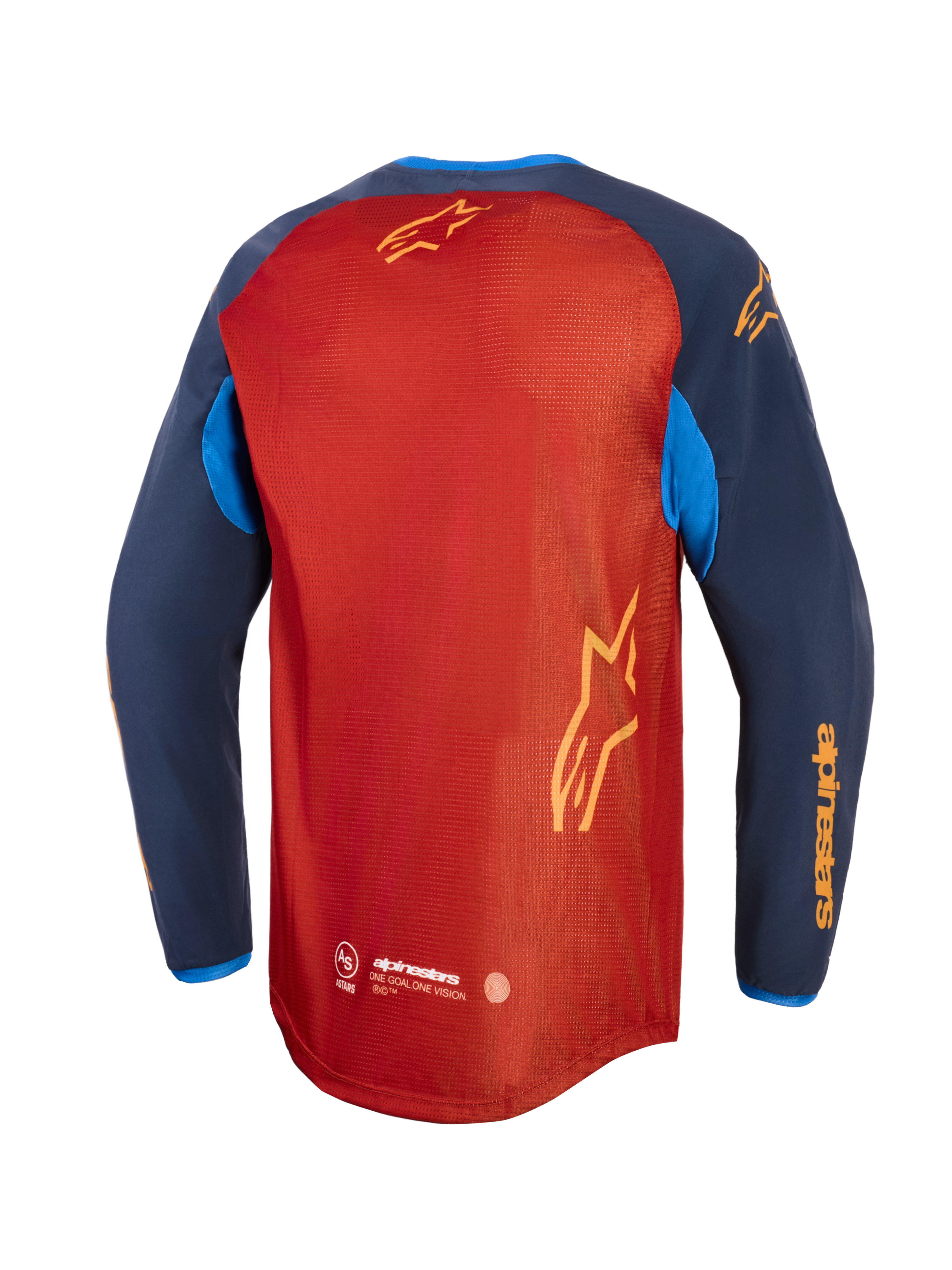 Alpinestars Maxdura Dual Jersey, maglia da moto adventure, marrone ruggine e Mood Indigo con accenti blu brillante, vista posteriore che mostra il torso completamente in rete, orlo posteriore allungato e logo Alpinestars giallo sulle maniche e sul retro