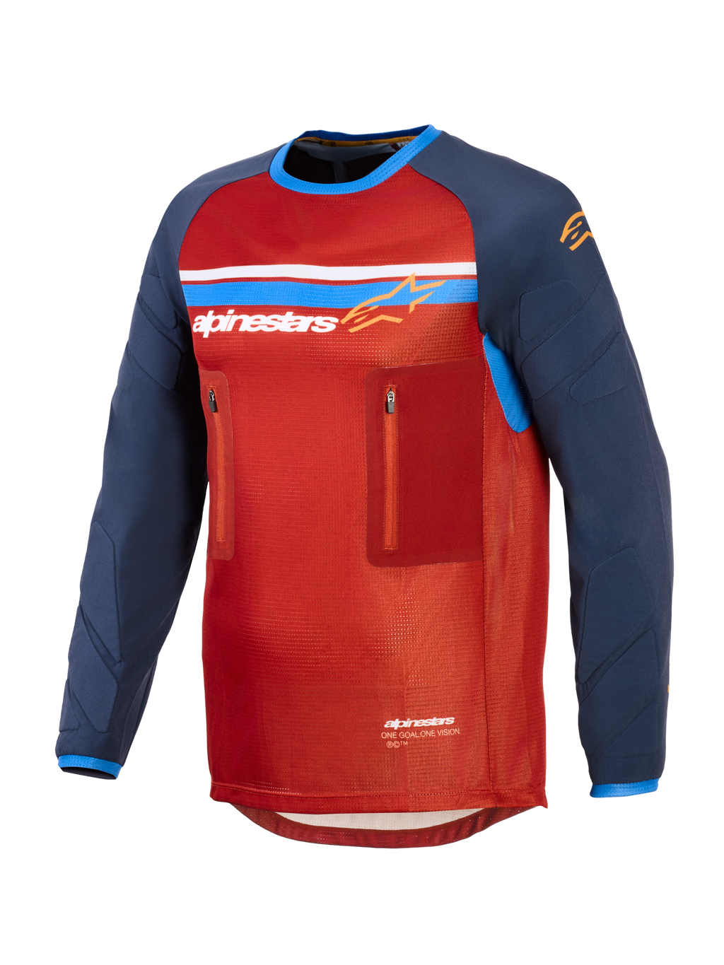 Alpinestars Maxdura Dual Jersey, maglia tecnica da moto adventure, rosso e blu scuro, con busto in rete, due tasche sul petto con cerniera, logo Alpinestars con strisce blu e bianche e maniche lunghe resistenti all'abrasione.