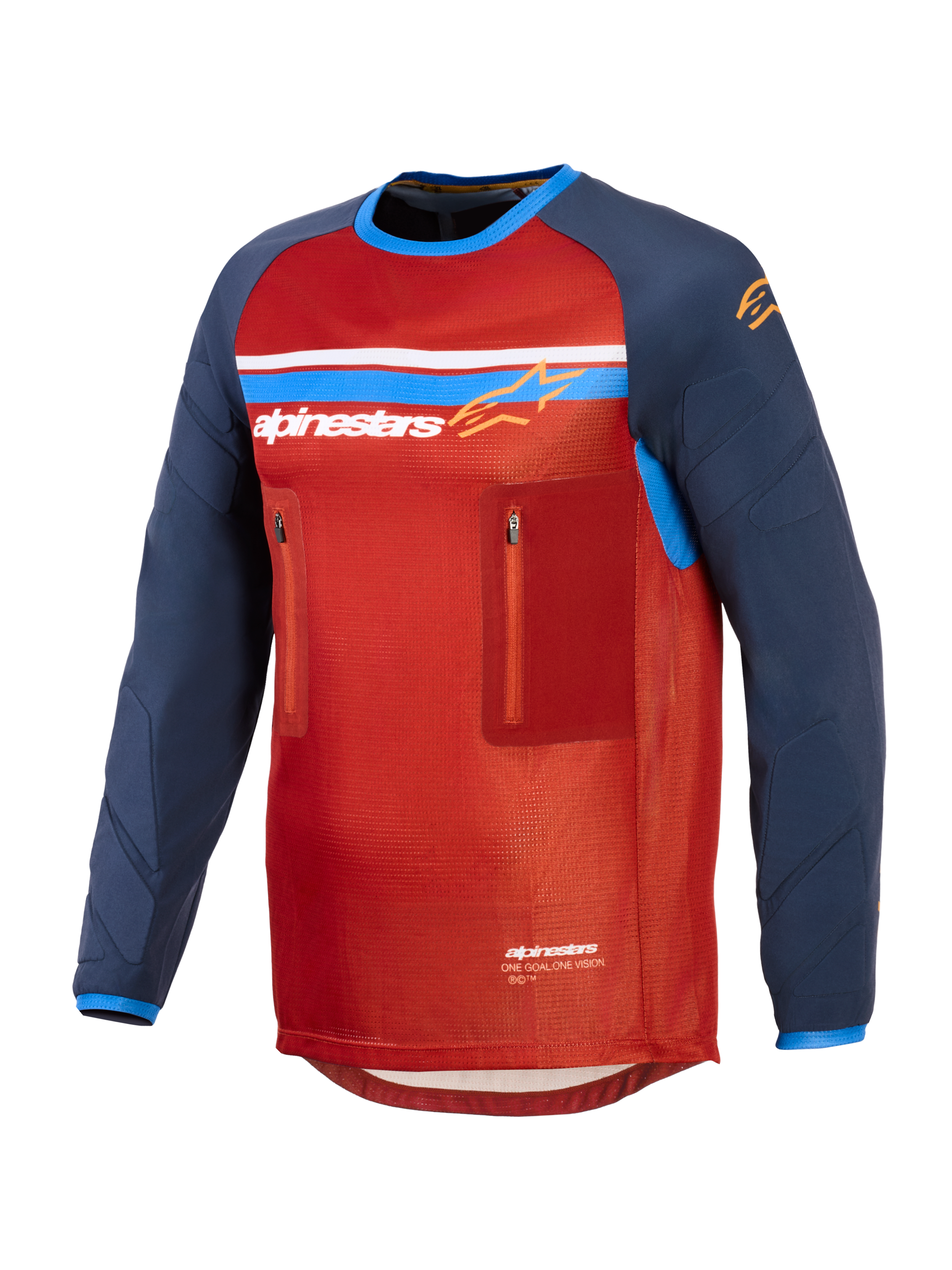 Alpinestars Maxdura Dual Jersey, maglia tecnica da moto adventure, rosso e blu scuro, con busto in rete, due tasche sul petto con cerniera, logo Alpinestars con strisce blu e bianche e maniche lunghe resistenti all'abrasione.