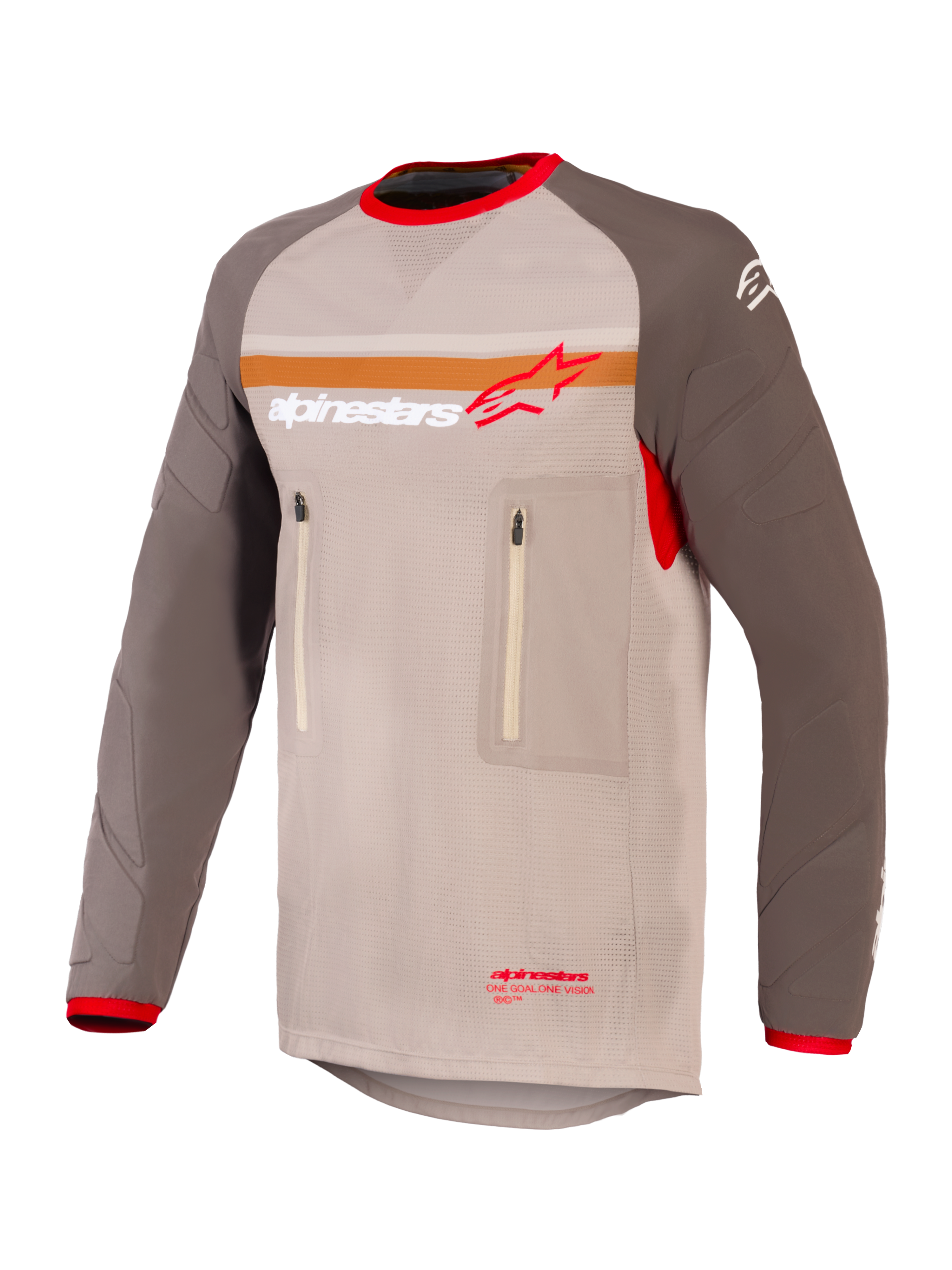 Alpinestars Maxdura Dual Jersey, maglia da moto adventure e dual-sport, Aluminum Walnut e marrone, torso in rete con maniche resistenti all'abrasione, doppie tasche sul petto con cerniera, striscia arancione e logo Alpinestars sul petto, bordo rosso su colletto e polsini