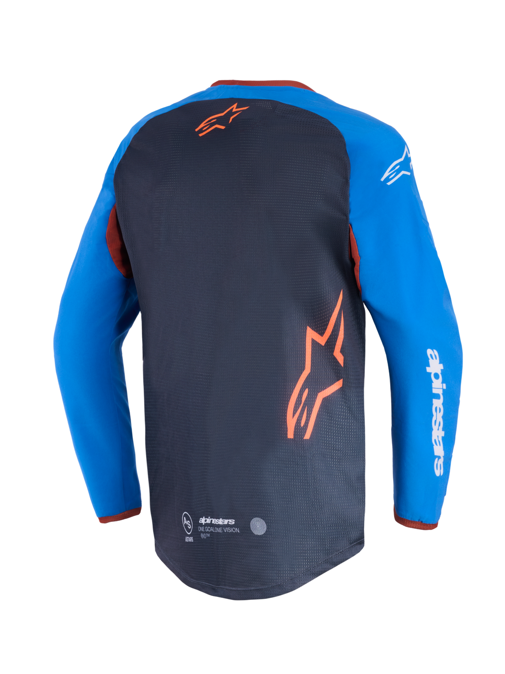 Alpinestars Maxdura Dual Jersey, maglia da moto, grigio scuro e blu royal, vista posteriore con pannello del busto in rete e logo a stella arancione, maniche blu royal con scritta Alpinestars bianca, orlo posteriore allungato per prestazioni off-road