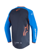 Alpinestars Maxdura Dual Jersey, maglia da moto, grigio scuro e blu royal, vista posteriore con pannello del busto in rete e logo a stella arancione, maniche blu royal con scritta Alpinestars bianca, orlo posteriore allungato per prestazioni off-road