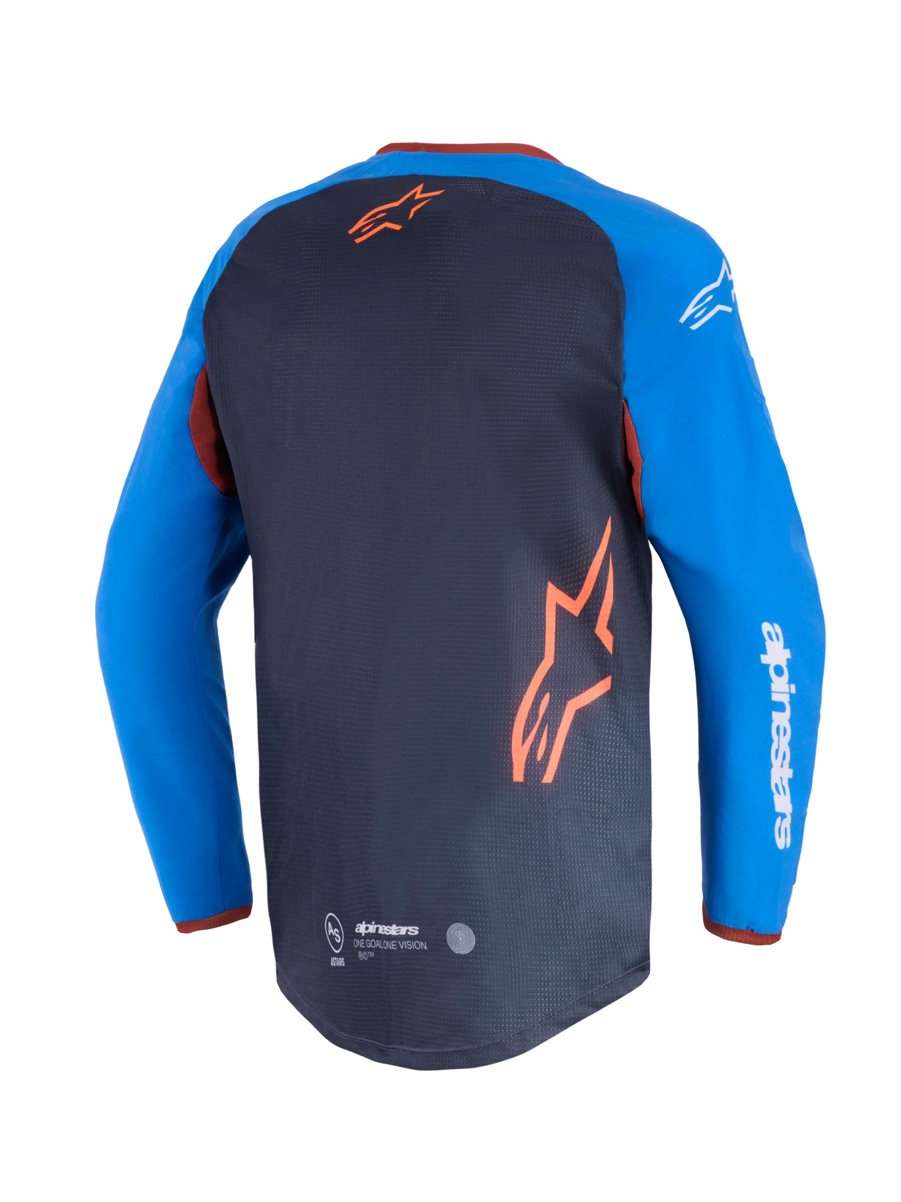 Alpinestars Maxdura Dual Jersey, maglia da moto, grigio scuro e blu royal, vista posteriore con pannello del busto in rete e logo a stella arancione, maniche blu royal con scritta Alpinestars bianca, orlo posteriore allungato per prestazioni off-road