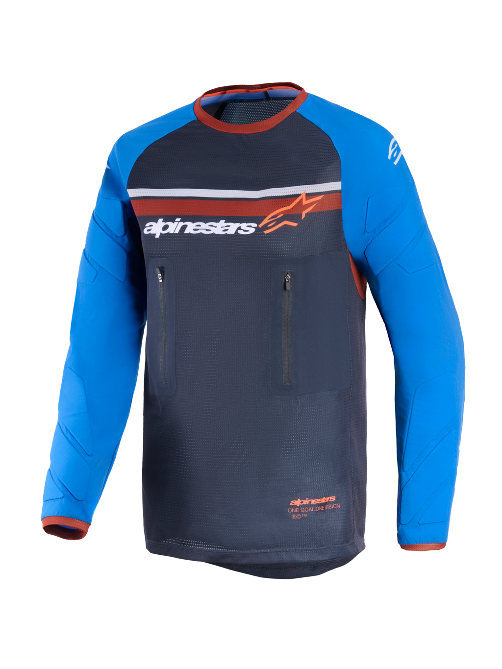 Alpinestars Maxdura Dual Jersey, grigio scuro e blu reale, maglia da moto dual-sport con busto in rete, maniche lunghe resistenti all'abrasione con rinforzi, dettagli arancioni e doppie tasche pettorali con cerniera verticale