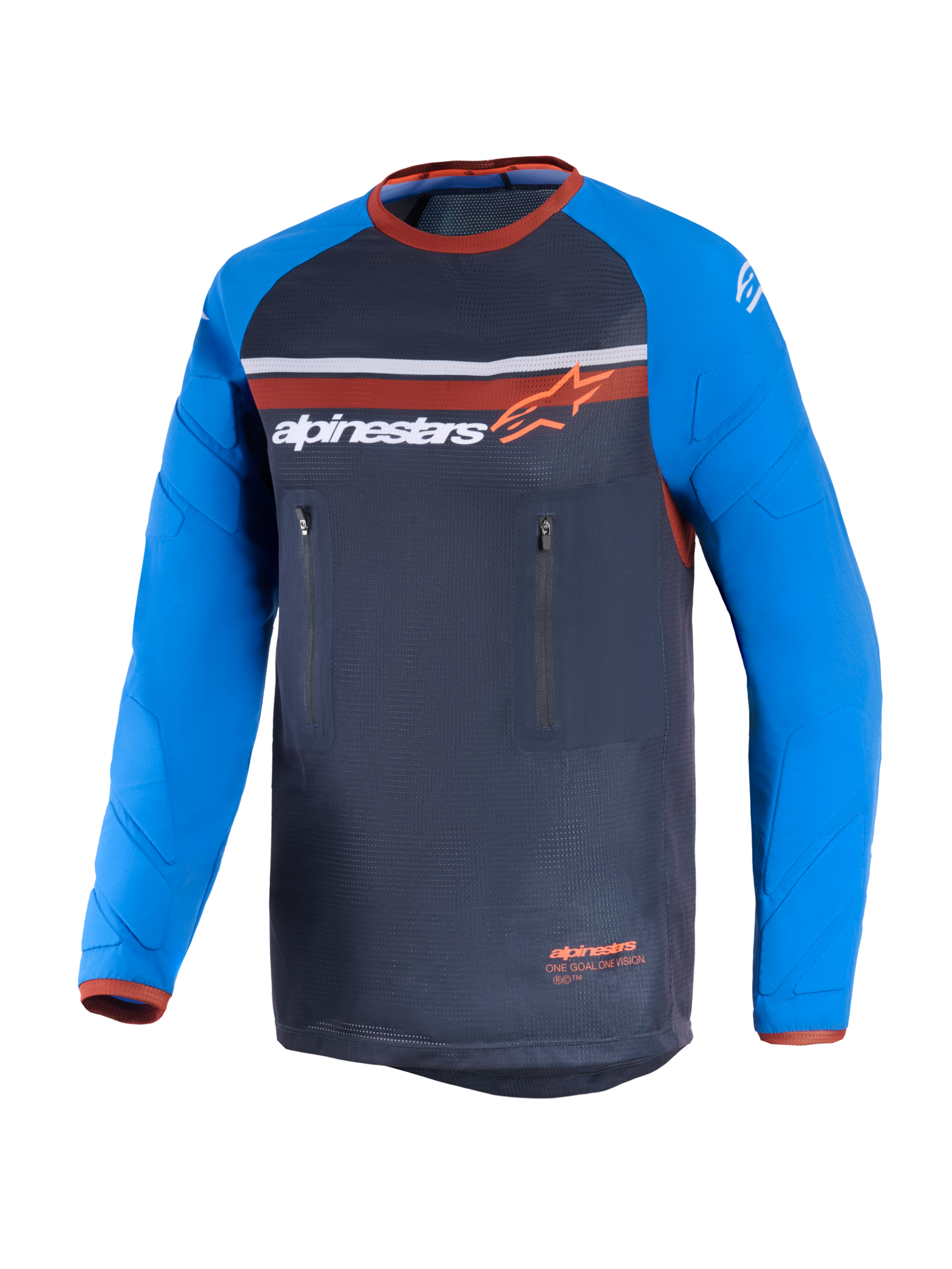 Alpinestars Maxdura Dual Jersey, grigio scuro e blu reale, maglia da moto dual-sport con busto in rete, maniche lunghe resistenti all'abrasione con rinforzi, dettagli arancioni e doppie tasche pettorali con cerniera verticale