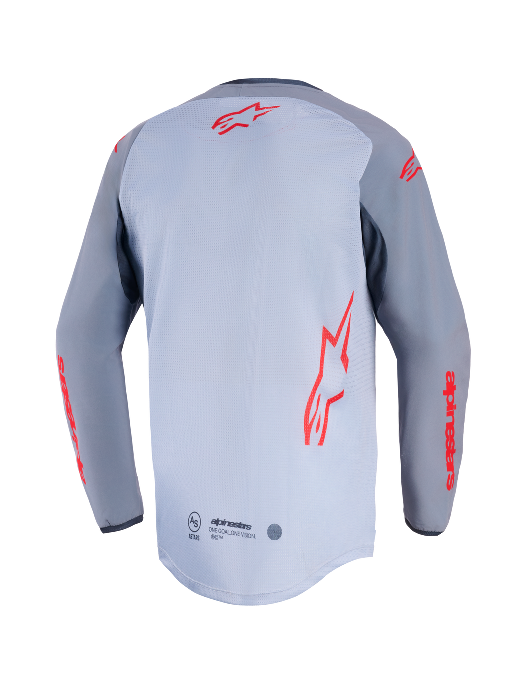 Alpinestars Maxdura Dual Jersey, vista posteriore, grigio medio e grigio scuro, con loghi Alpinestars rossi sul retro e sulle maniche, costruzione del torso in rete e orlo posteriore allungato a coda di rondine.