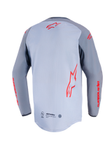 Alpinestars Maxdura Dual Jersey, vista posteriore, grigio medio e grigio scuro, con loghi Alpinestars rossi sul retro e sulle maniche, costruzione del torso in rete e orlo posteriore allungato a coda di rondine.