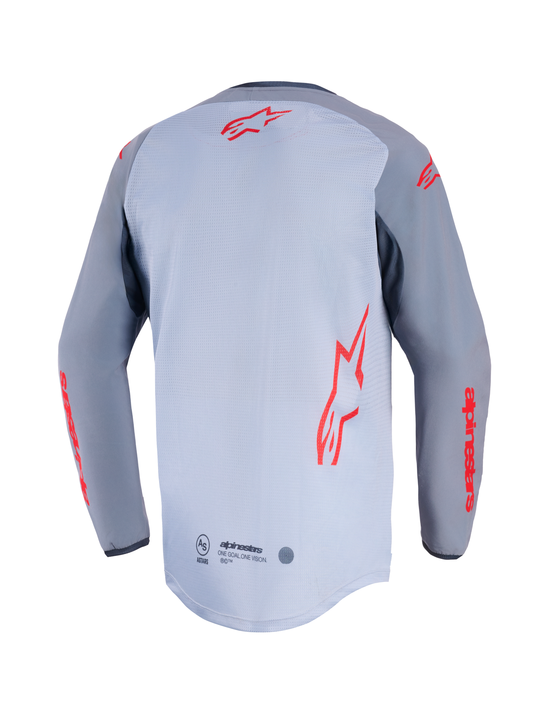 Alpinestars Maxdura Dual Jersey, vista posteriore, grigio medio e grigio scuro, con loghi Alpinestars rossi sul retro e sulle maniche, costruzione del torso in rete e orlo posteriore allungato a coda di rondine.