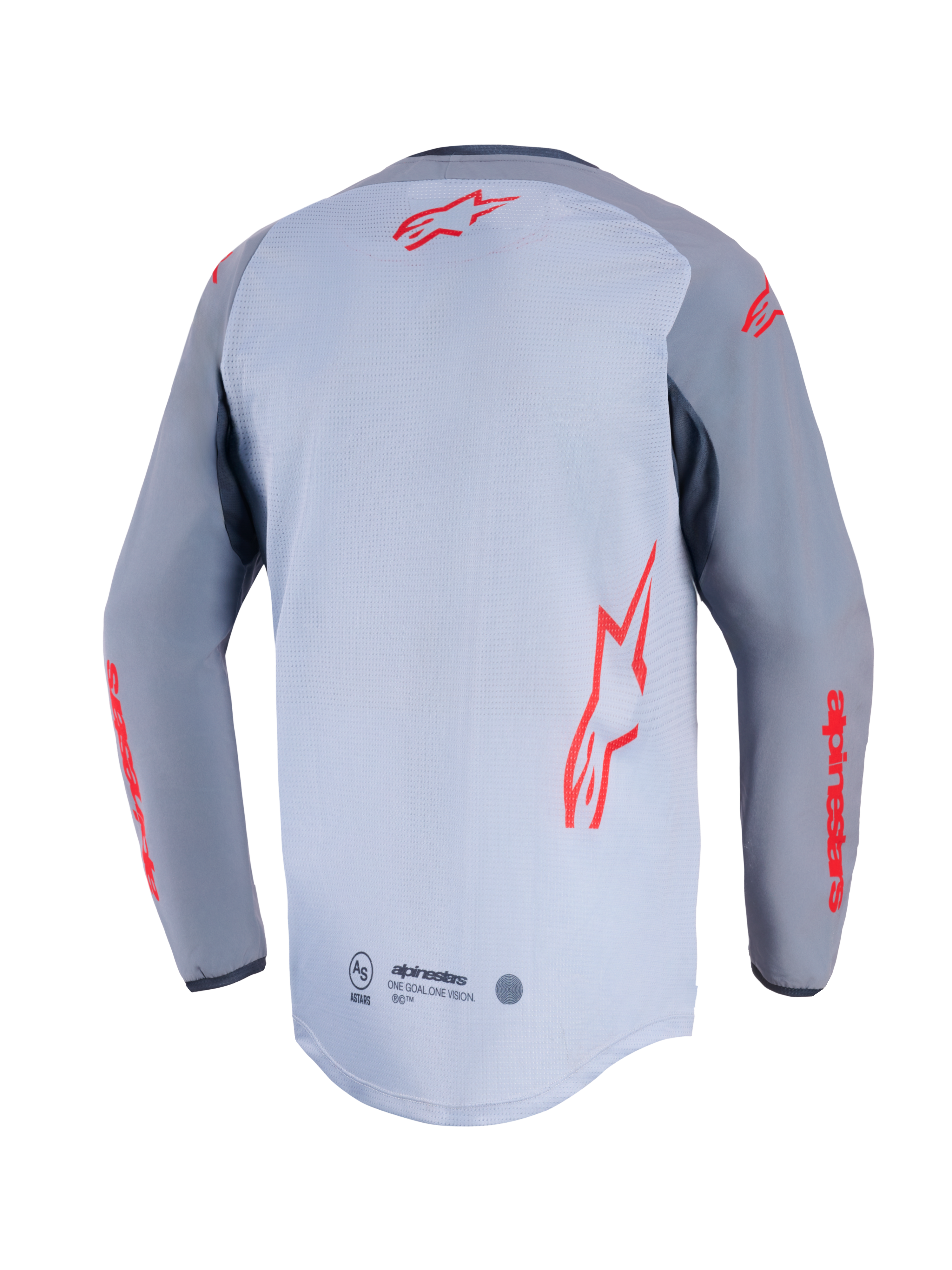 Alpinestars Maxdura Dual Jersey, vista posteriore, grigio medio e grigio scuro, con loghi Alpinestars rossi sul retro e sulle maniche, costruzione del torso in rete e orlo posteriore allungato a coda di rondine.