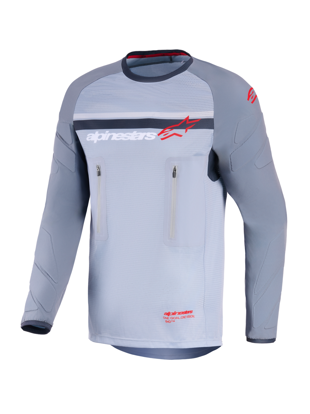 Alpinestars Maxdura Dual Jersey, maglia da moto adventure, grigio medio e grigio scuro, vista frontale con tasche sul petto con zip verticali, maniche resistenti all'abrasione con imbottitura integrata, logo Alpinestars in rosso e bianco, abbigliamento tecnico per guida fuoristrada