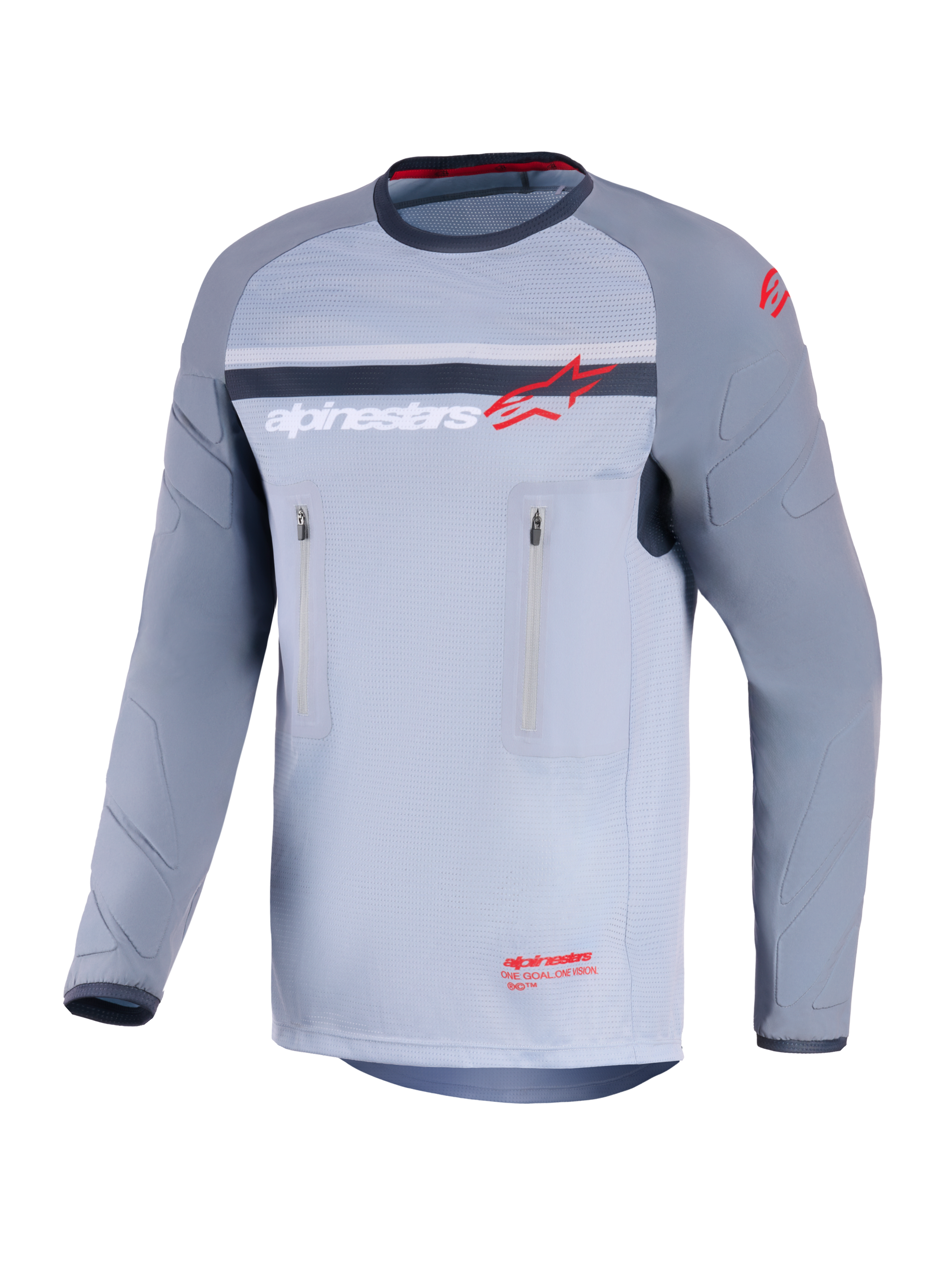 Alpinestars Maxdura Dual Jersey, maglia da moto adventure, grigio medio e grigio scuro, vista frontale con tasche sul petto con zip verticali, maniche resistenti all'abrasione con imbottitura integrata, logo Alpinestars in rosso e bianco, abbigliamento tecnico per guida fuoristrada