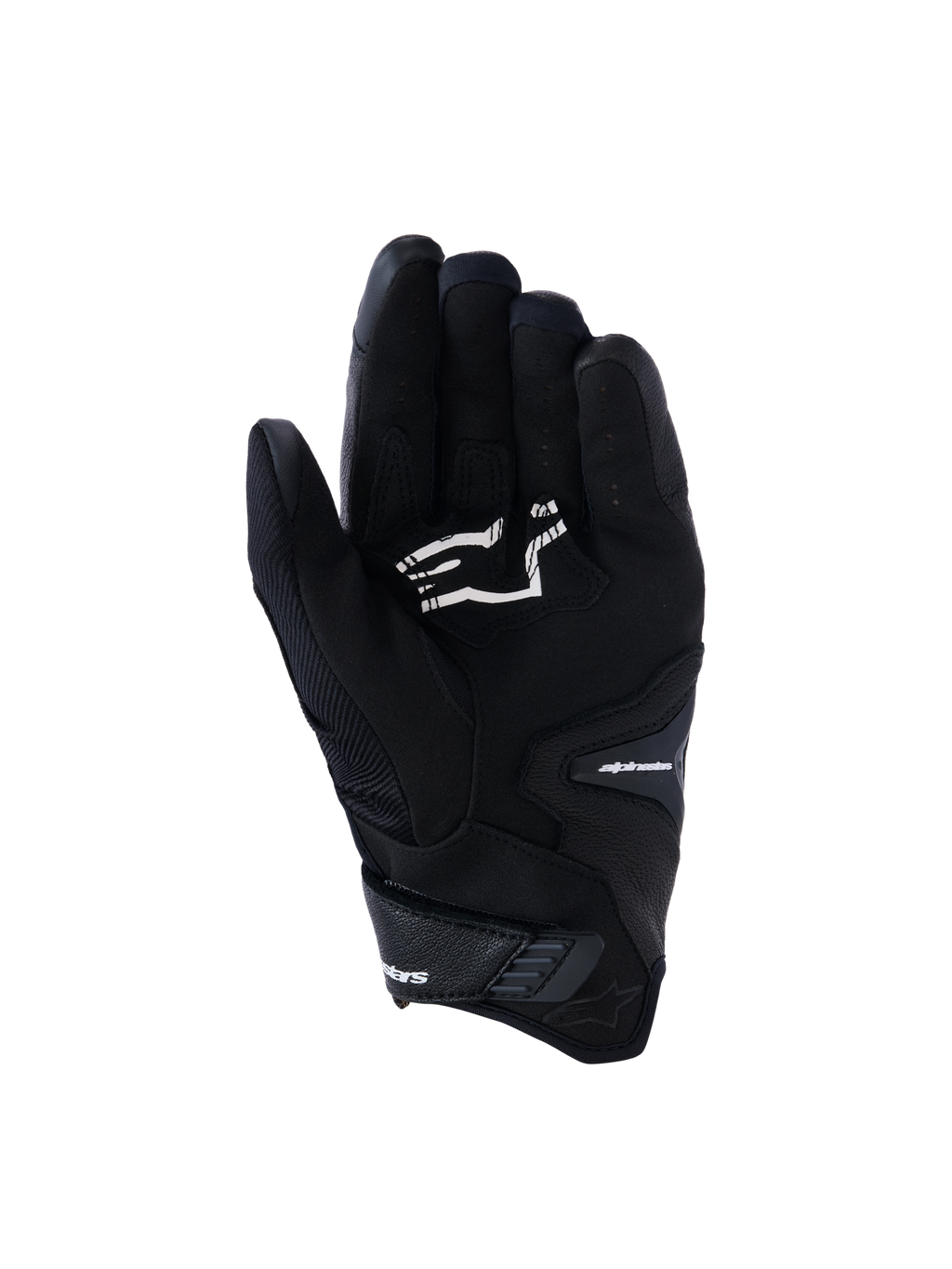 Alpinestars guanti SP-R Pro, guanti da moto neri a polsino corto, vista del palmo con rinforzi per il grip e logo Alpinestars bianco, progettati per la guida sportiva.