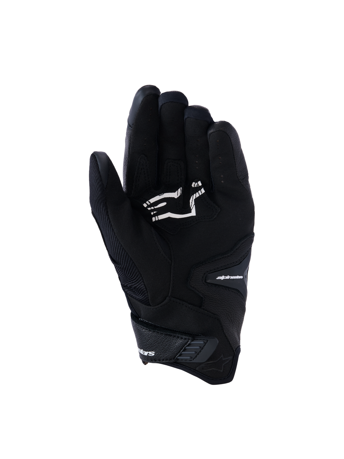 Alpinestars guanti SP-R Pro, guanti da moto neri a polsino corto, vista del palmo con rinforzi per il grip e logo Alpinestars bianco, progettati per la guida sportiva.