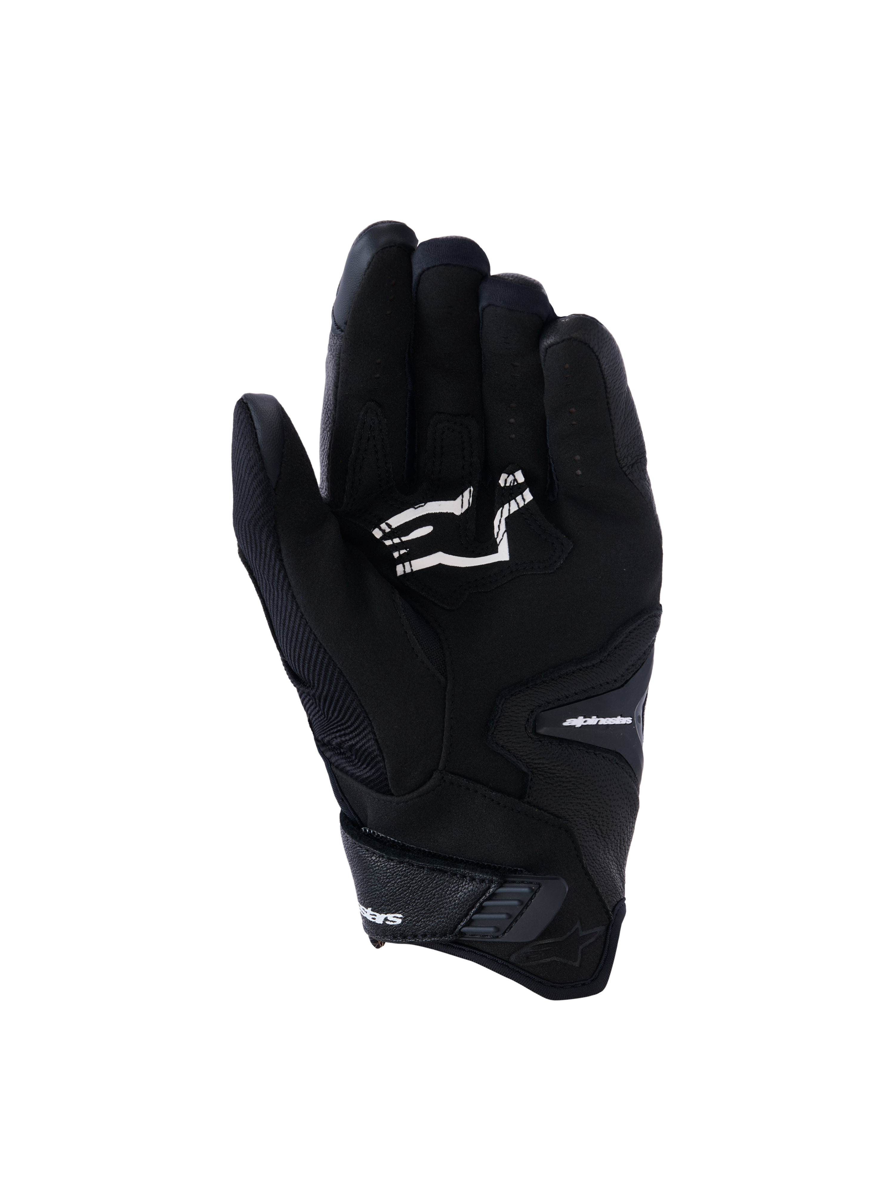 Alpinestars guanti SP-R Pro, guanti da moto neri a polsino corto, vista del palmo con rinforzi per il grip e logo Alpinestars bianco, progettati per la guida sportiva.